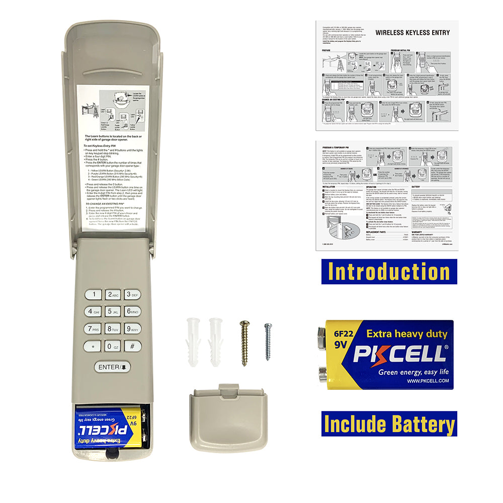 The Anderic 877MAX Keypad offers universal compatibility, including with Liftmaster openers. It includes an open cover, instruction manual, mounting screws, anchors, a 9V battery, and a small panel for the battery compartment.