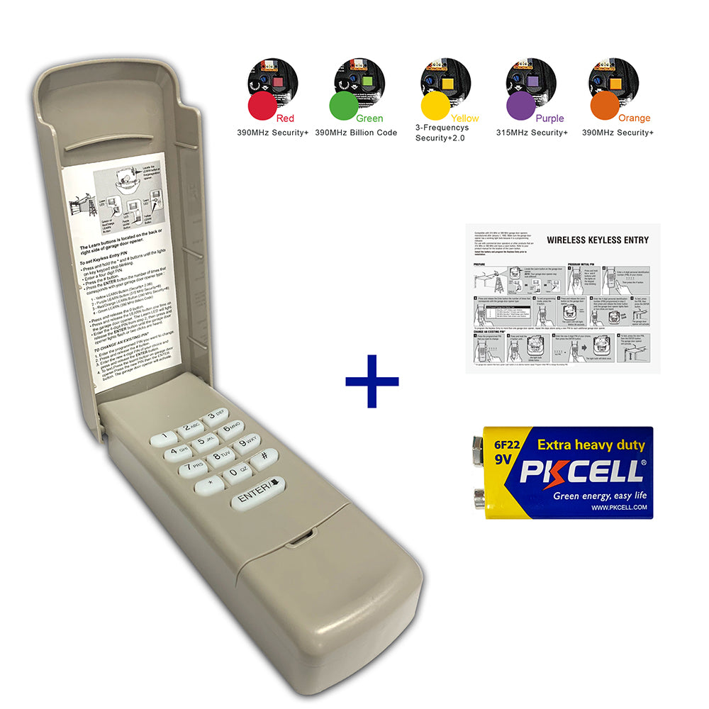 Enjoy seamless access with the Anderic 877MAX Keypad, compatible with Liftmaster openers, featuring purple, yellow, green, red, and orange frequency options. It includes a handy keypad, an instruction manual, and a 9V Extra Heavy Duty PKCELL battery.