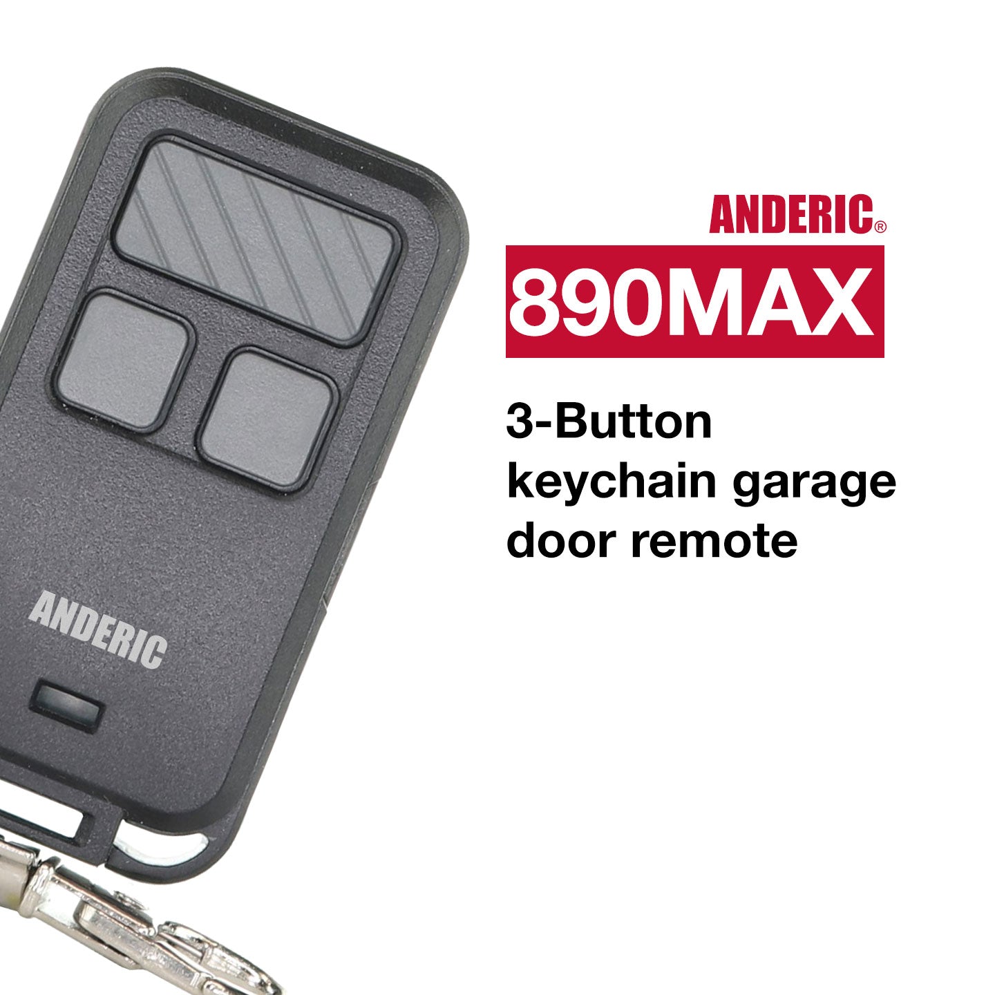 Close-up of an Anderic 890MAX Keychain Remote against a white background, showcasing its universal compatibility with Purple, Yellow, Green, Red, and Orange Learning Button garage door openers.