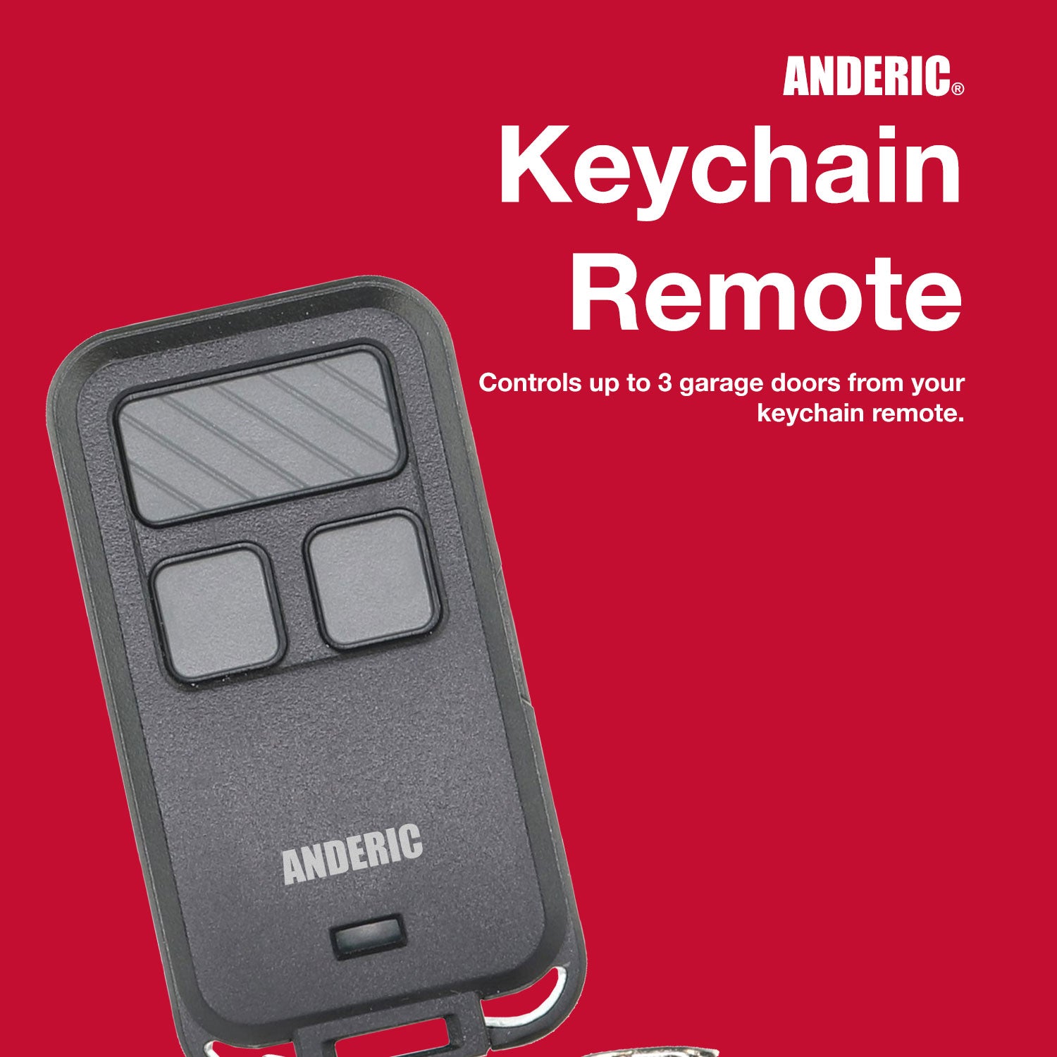 The Anderic 890MAX Keychain Universal operates up to three garage doors with compatibility for Purple, Yellow, Green, Red, and Orange learning button models, featuring a keychain design and three buttons.