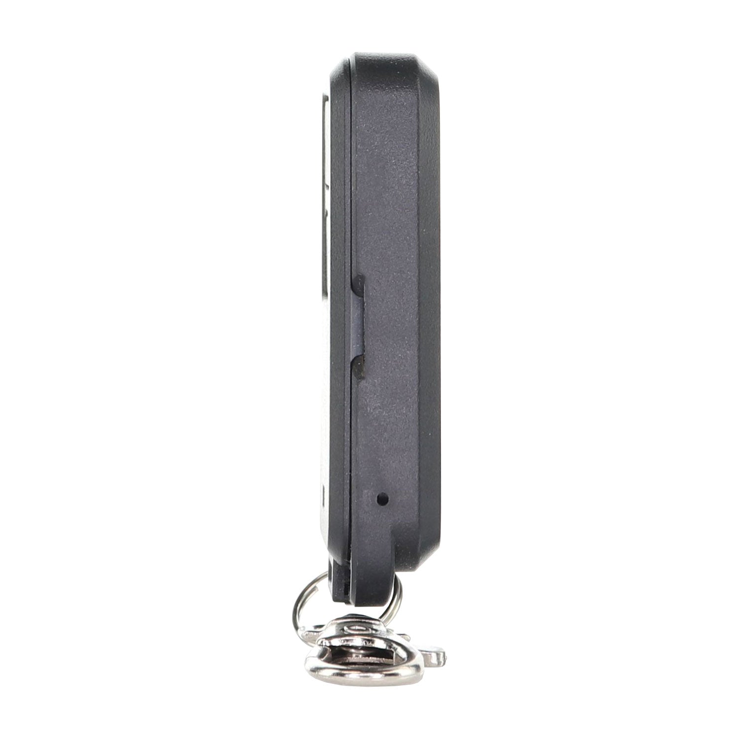 A side view of the Anderic 890MAX Keychain Remote Control highlights its sleek black design, featuring a metallic keyring at the bottom for convenient attachment to keychains, perfect for various colored learning button garage door openers.