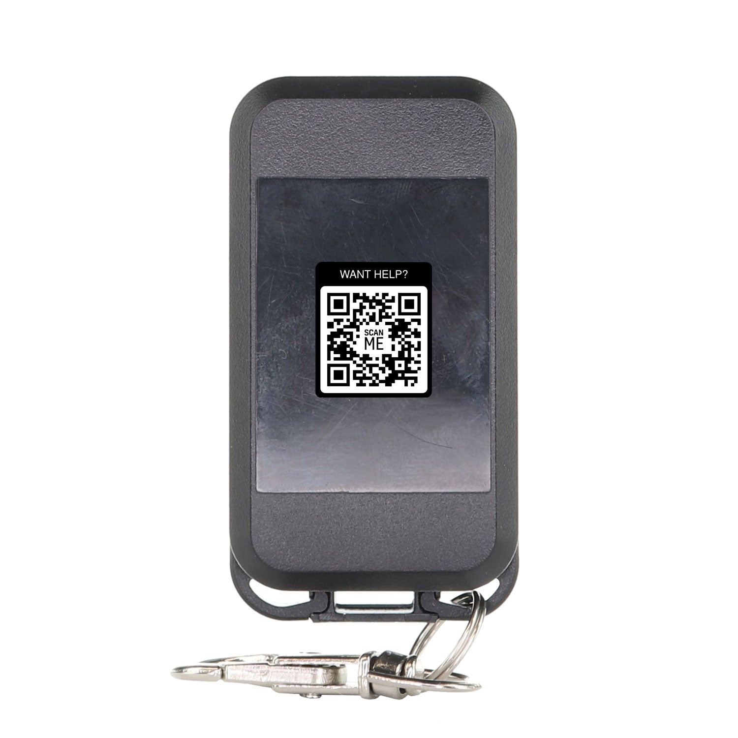 The Anderic 890MAX keychain is a universal remote for garage door openers, compatible with purple, yellow, green, red, and orange learning button models. It features a center QR code labeled "Want Help?" for added convenience in your routine.