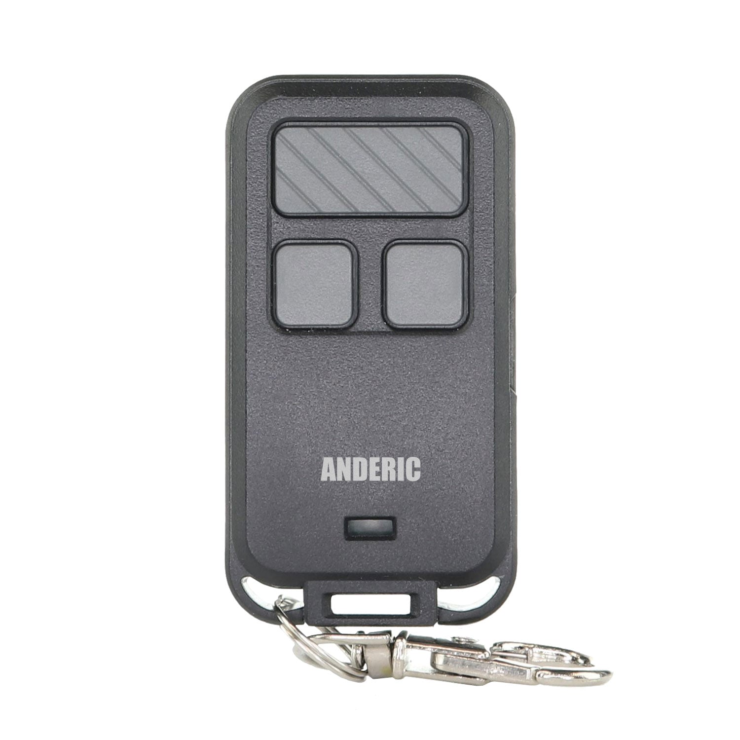 The Anderic 890MAX Keychain Universal Remote Control, labeled "ANDERIC," is compatible with purple, yellow, green, red, and orange learning button garage doors. It features three gray buttons and a metal keychain attachment for added convenience.