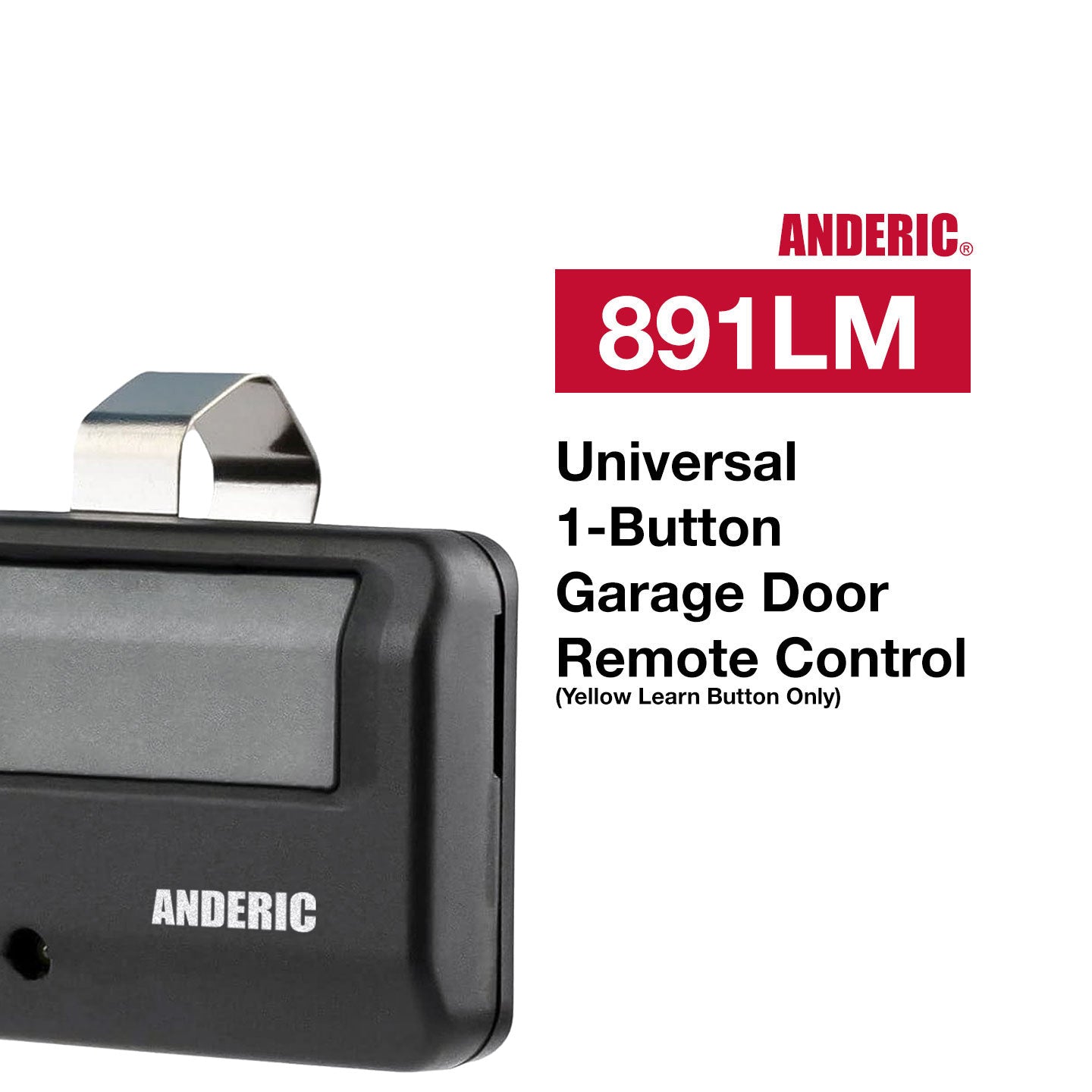 Image of an Anderic 891LM 950ESTD remote control, ideal for Liftmaster, Chamberlain, Sears, and Craftsman garage door openers with a yellow learn button.