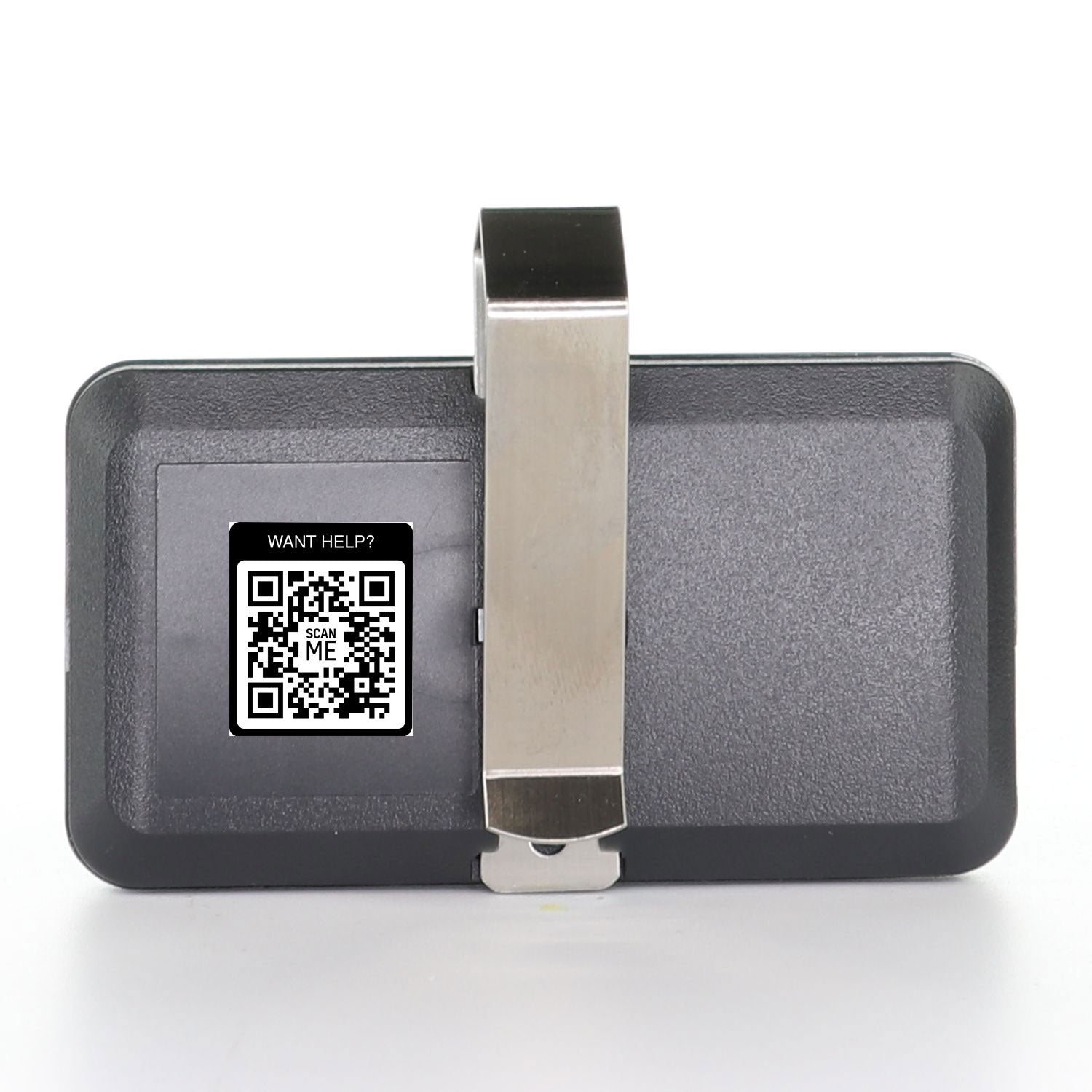 A rectangular black Anderic 893LM 953ESTD replacement three button garage door opener remote for Chamberlain, Liftmaster, and Craftsman (yellow learn button) is shown with a metal clip and "WANT HELP? SCAN ME" QR code on the back.