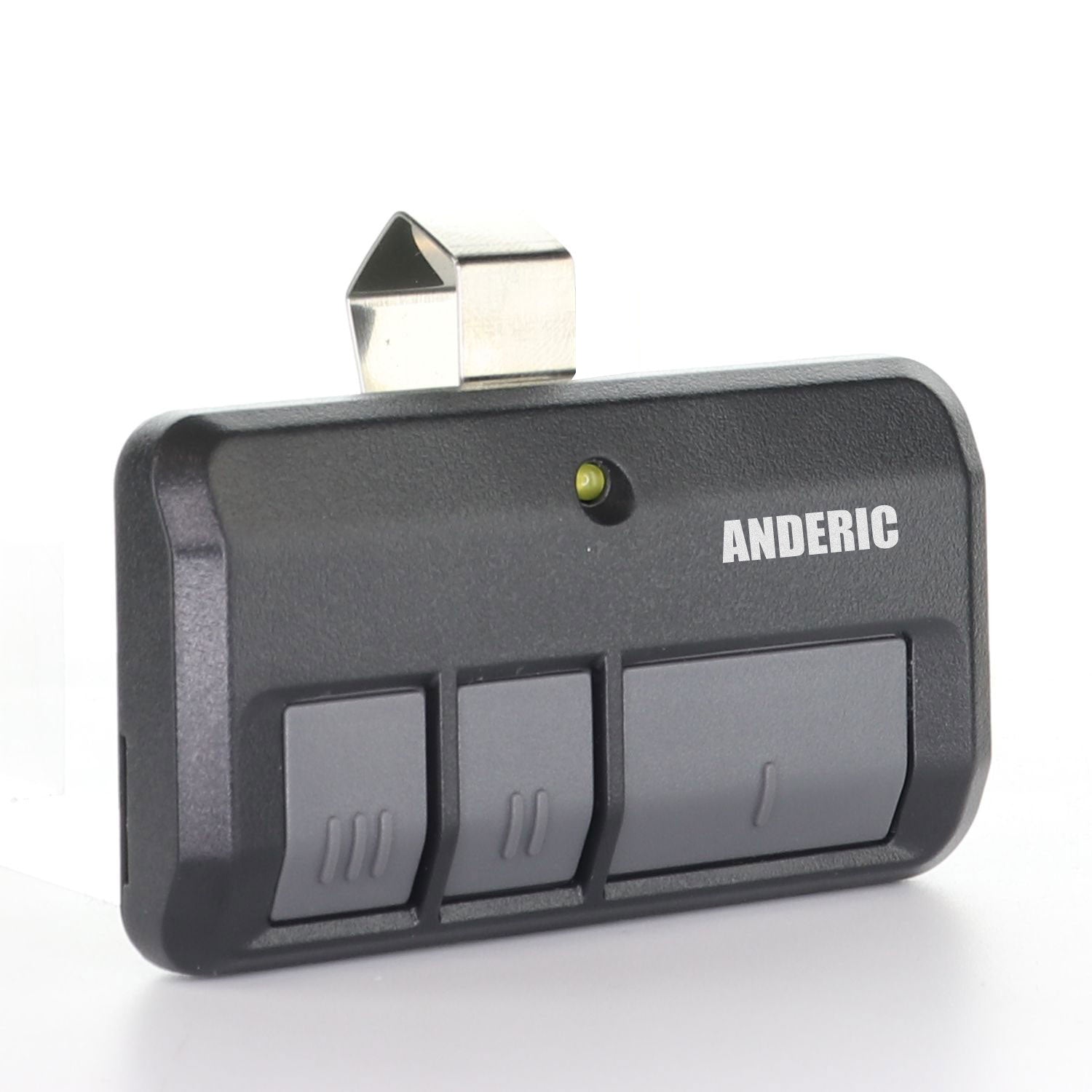 The Anderic 893LM 953ESTD black garage door opener remote, compatible with Chamberlain, Liftmaster, and Craftsman with a yellow learn button, has three gray buttons and a top metal clip, shown on a white background.