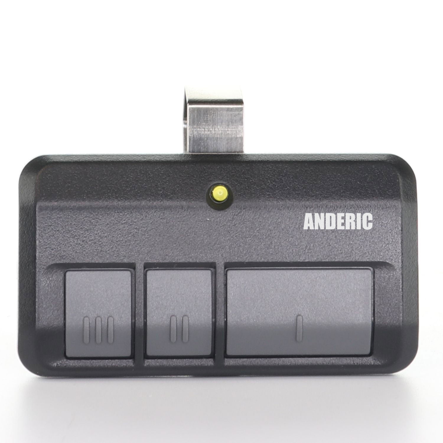 The Anderic 893LM 953ESTD is a black three-button garage door opener remote with a metal clip, compatible with Chamberlain, Liftmaster, and Craftsman openers with yellow learn button, shown against a white background.