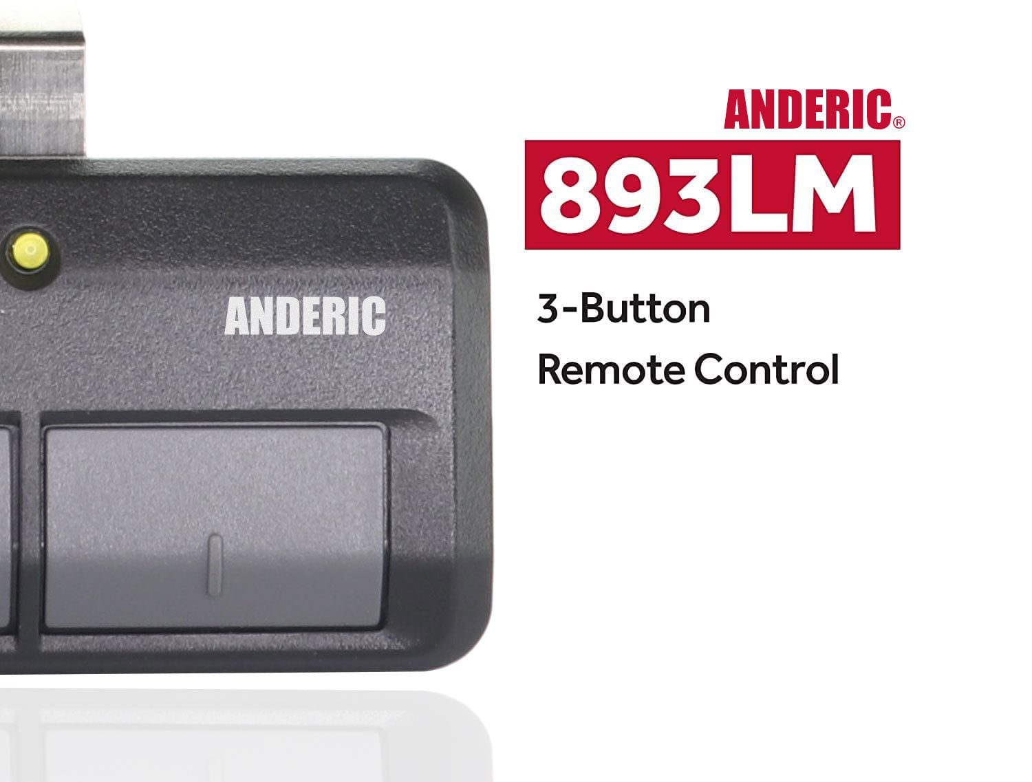 Close-up of the Anderic 893LM 953ESTD three-button remote for Chamberlain, Liftmaster, and Craftsman openers with yellow learn button, showing two buttons and part of the label.