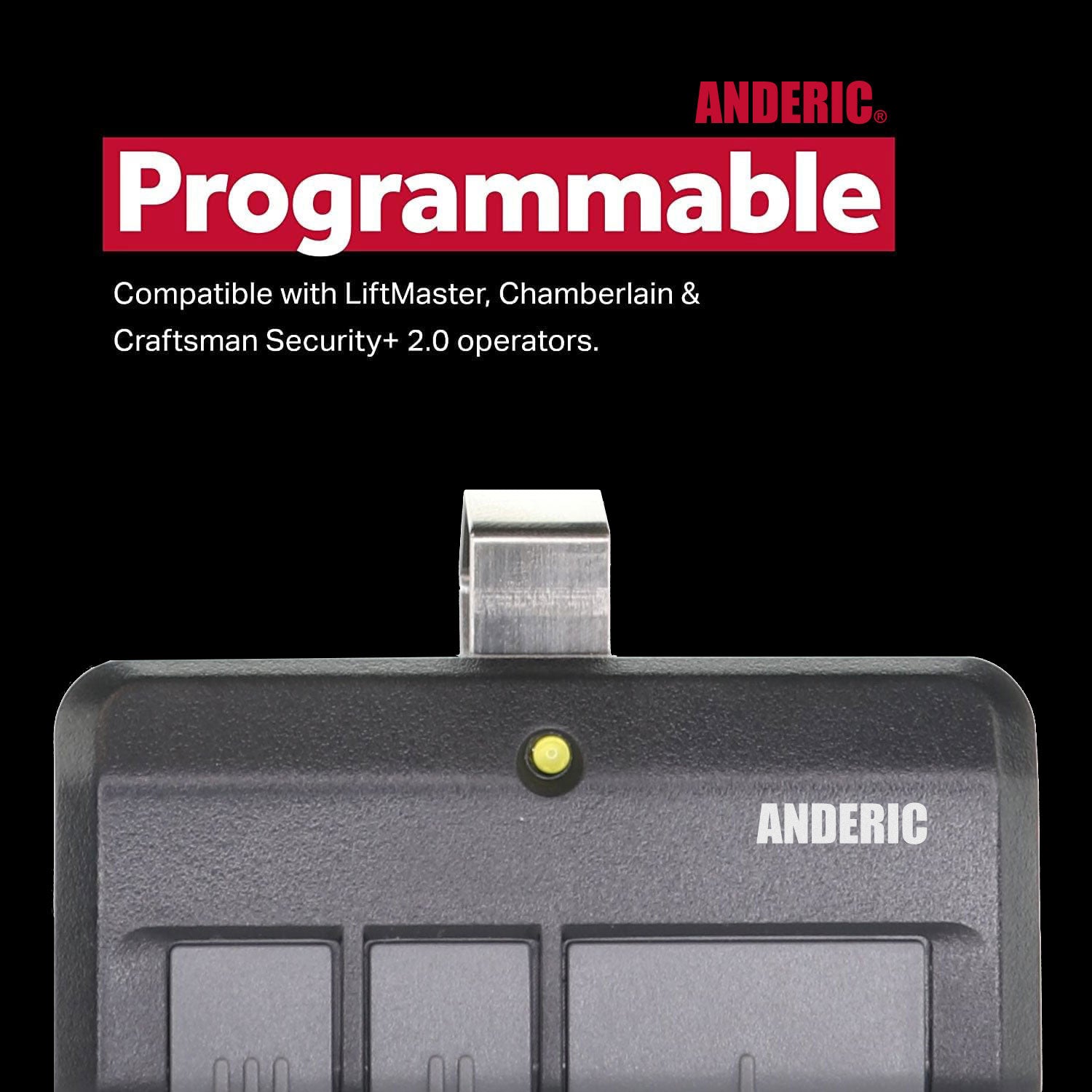 Anderic 893LM 953ESTD three button garage door opener remote, replacement for Chamberlain, Liftmaster, and Craftsman with yellow learn button.
