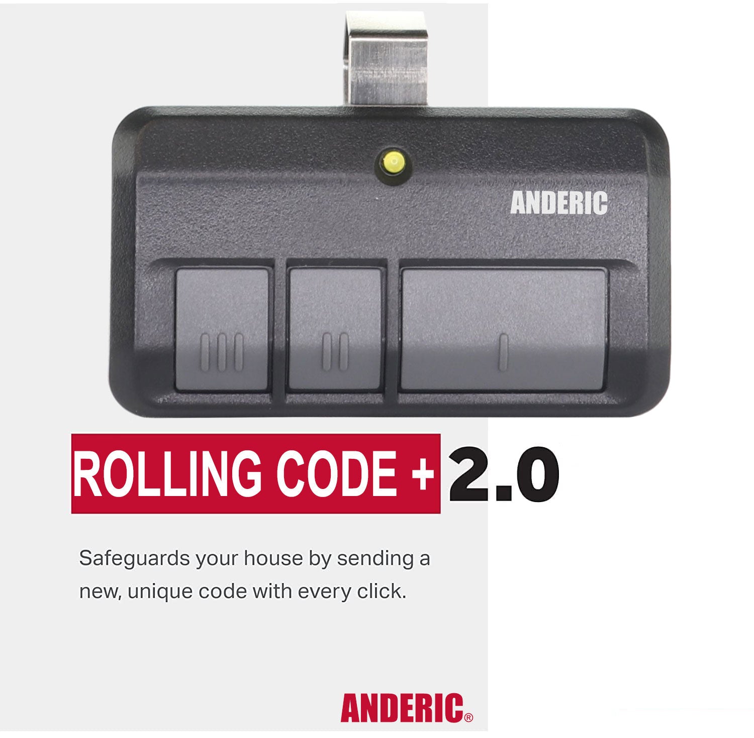 The Anderic 893LM 953ESTD is a black three-button garage door opener remote featuring rolling code Security+ 2.0, compatible with Chamberlain, LiftMaster, and Craftsman openers with a yellow learn button.