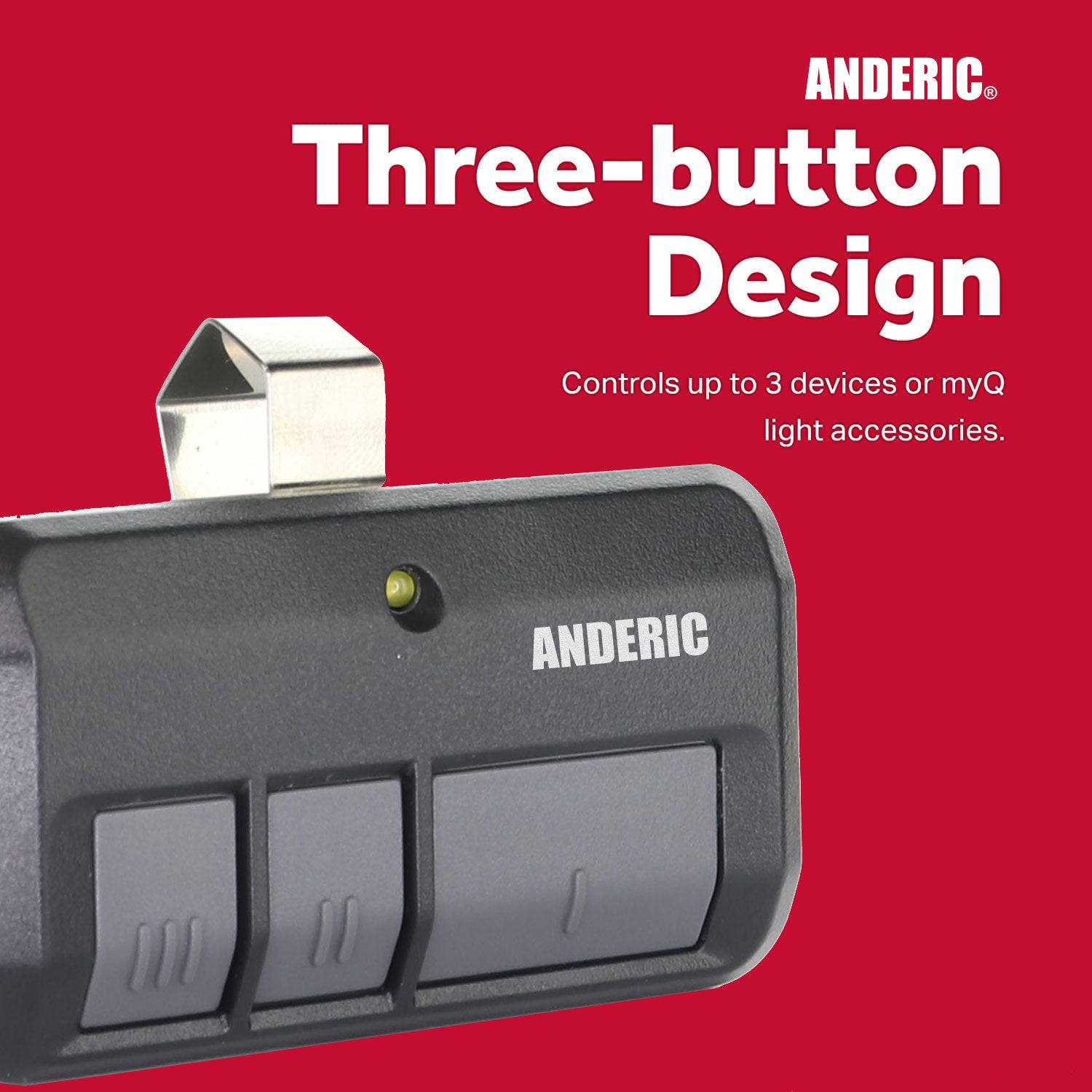 Close-up of an Anderic 893LM 953ESTD three-button garage door opener remote with metal clip for Chamberlain, Liftmaster, and Craftsman yellow learn button models, controls up to three devices, shown against a red background.