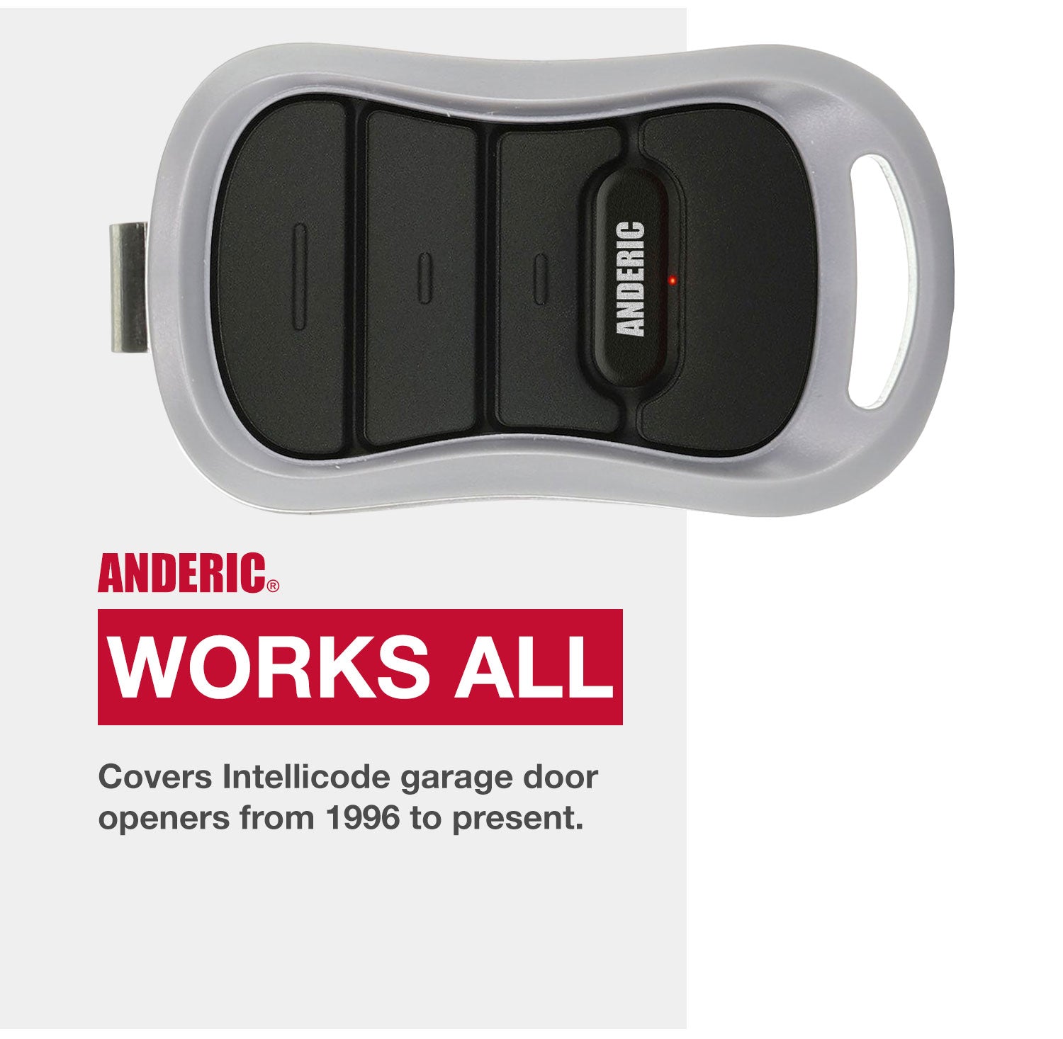 The Anderic G3TBX remote for Genie Intellicode garage door openers (models 1996-present) features the "Works All" logo to ensure seamless access management and peace of mind.