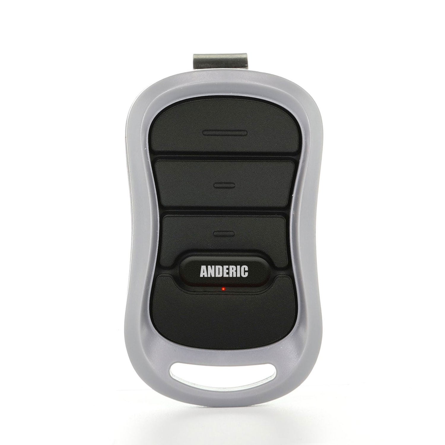 The Anderic G3TBX for Genie Intellicode systems is a black and gray remote with three buttons, a red indicator light, and "ANDERIC" branding, ideal for use as a garage door remote.