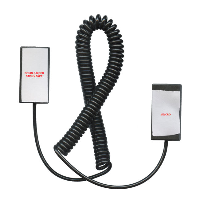 The Anderic Universal Remote Control Security Cable Tether - CBL02 features a coiled black design with rectangular ends, one marked "double-sided sticky tape" and the other "velcro," enabling simple installation. It's ideal for secure remote setups.