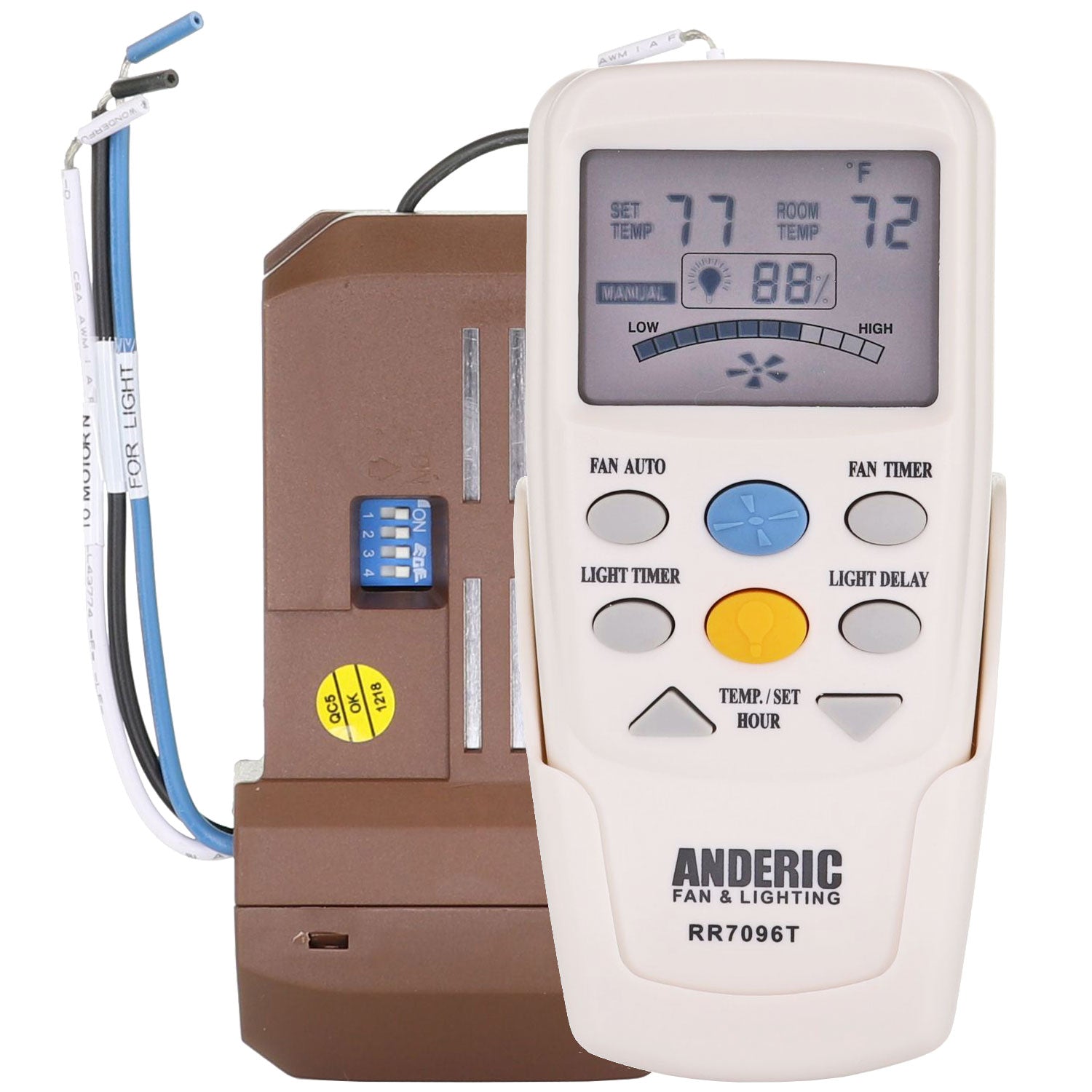 Anderic CHQ7096TKIT Universal Ceiling Fan Remote Control Add-on Kit for 3-speed AC Fans – Includes RR7096T Thermostatic Remote & UC7067FCRX Receiver