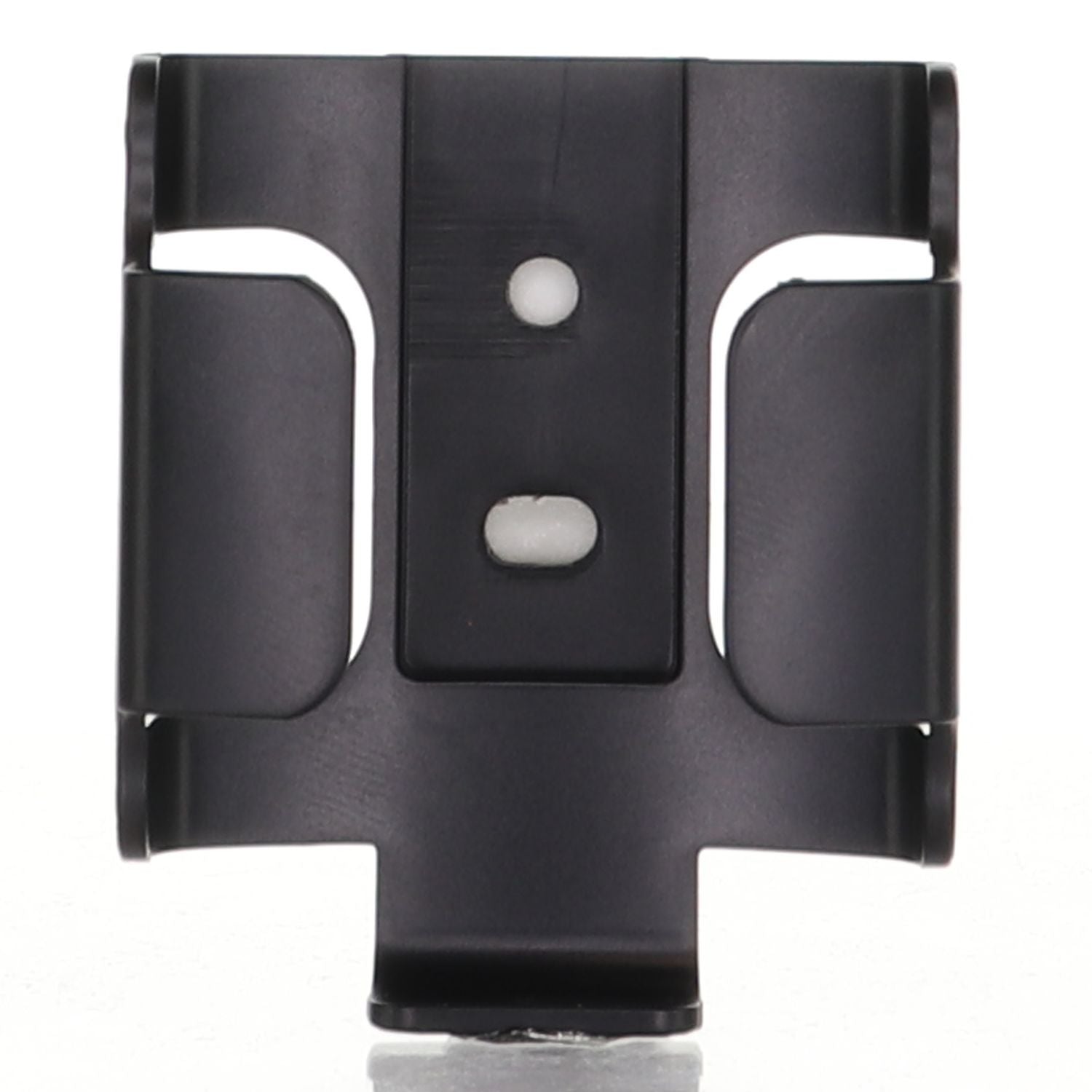 A black plastic Anderic RR7225TWM wall mount bracket for CHQ7225T, UC7225T, and RR7225T ceiling fan remote controls stands upright on a white surface, featuring two side grips and two center holes.