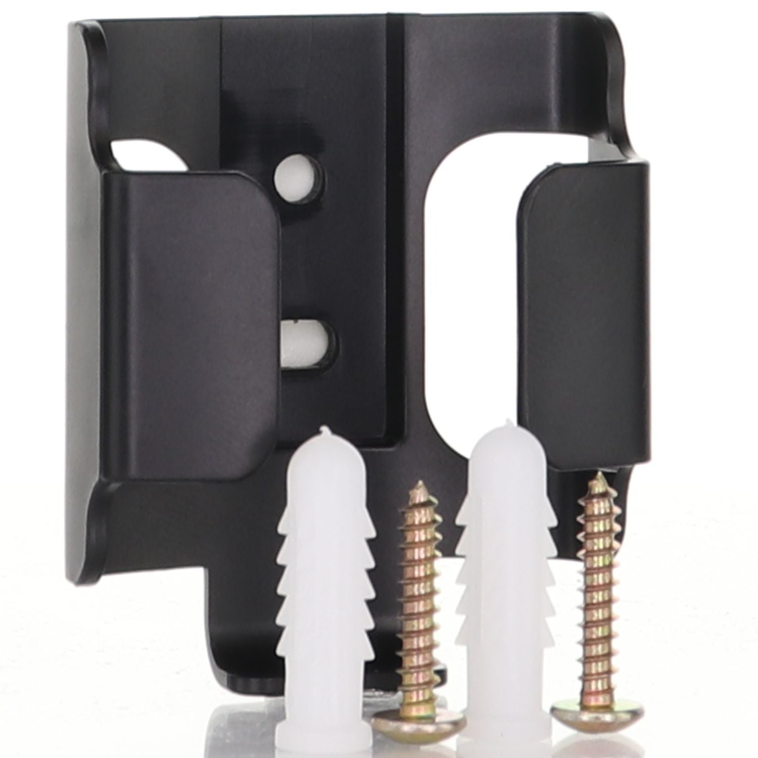 The Anderic RR7225TWM Wall Mount Bracket for CHQ7225T, UC7225T, and RR7225T ceiling fan remote controls includes two mounting holes, white plastic anchors, and gold screws—perfect for convenient remote storage.