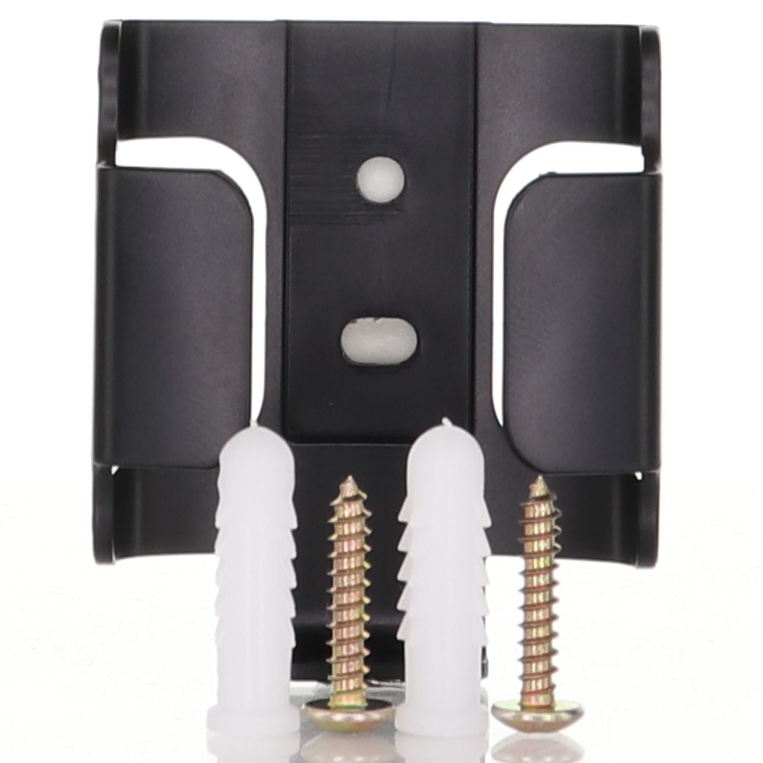 The Anderic RR7225TWM Wall Mount Bracket for CHQ7225T, UC7225T, and RR7225T ceiling fan remotes is shown in black with two white wall anchors and two metal screws, perfect for mounting your remote control.