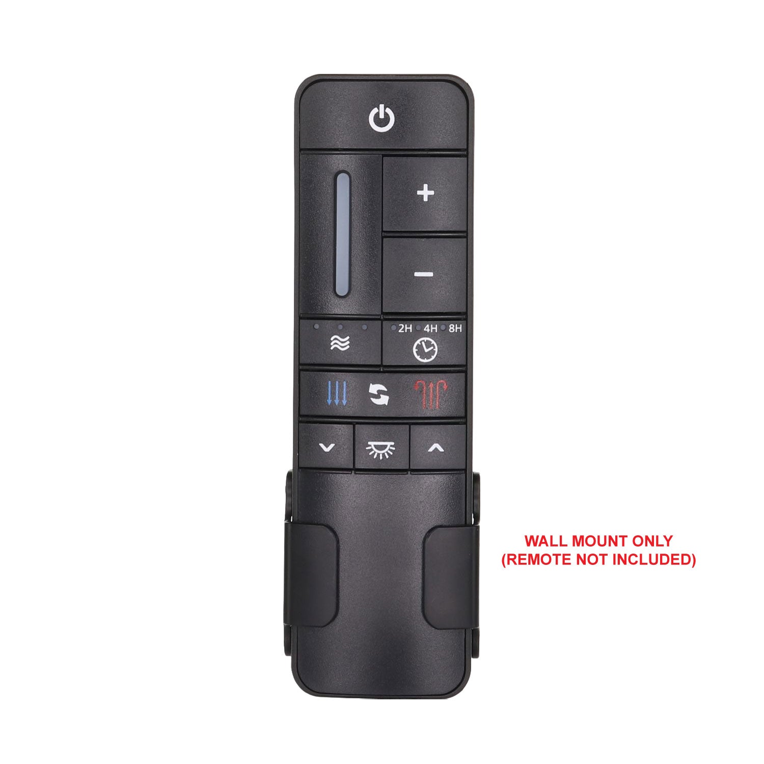 Black wall-mounted bracket for Anderic RR7225TWM, compatible with CHQ7225T, UC7225T, and RR7225T ceiling fan remotes. Features labeled control buttons; red text states: "WALL MOUNT ONLY (REMOTE NOT INCLUDED).