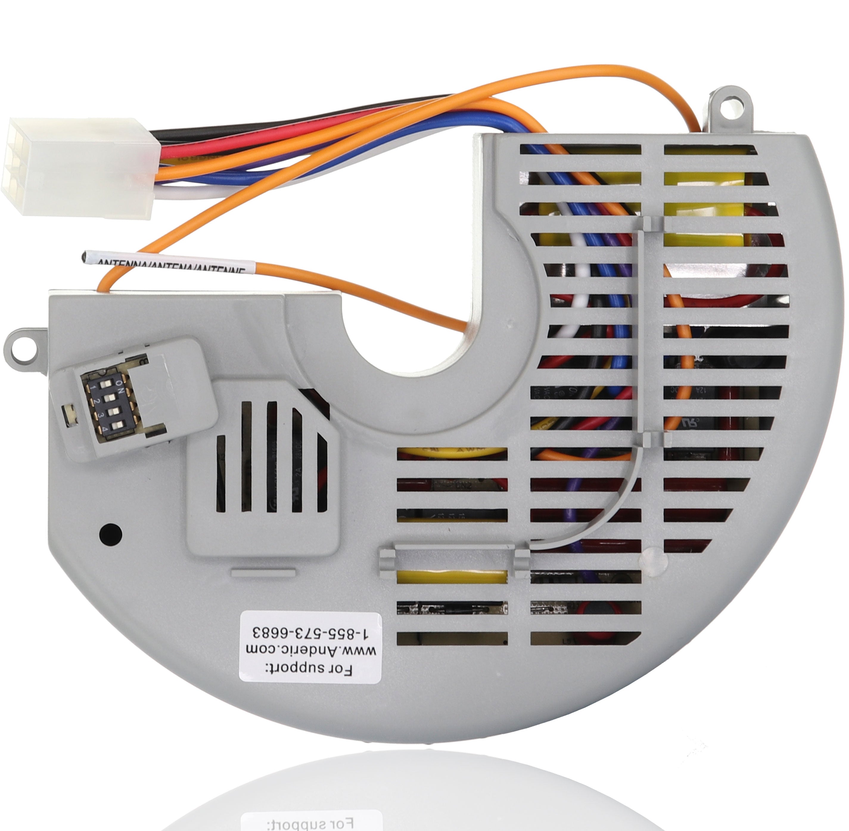 The gray plastic Anderic FAN10R resembles the Hampton Bay FAN-10R, featuring vent slits and a connector with multicolored wires. Ideal for ceiling fan receivers, it has a support website printed on its surface.