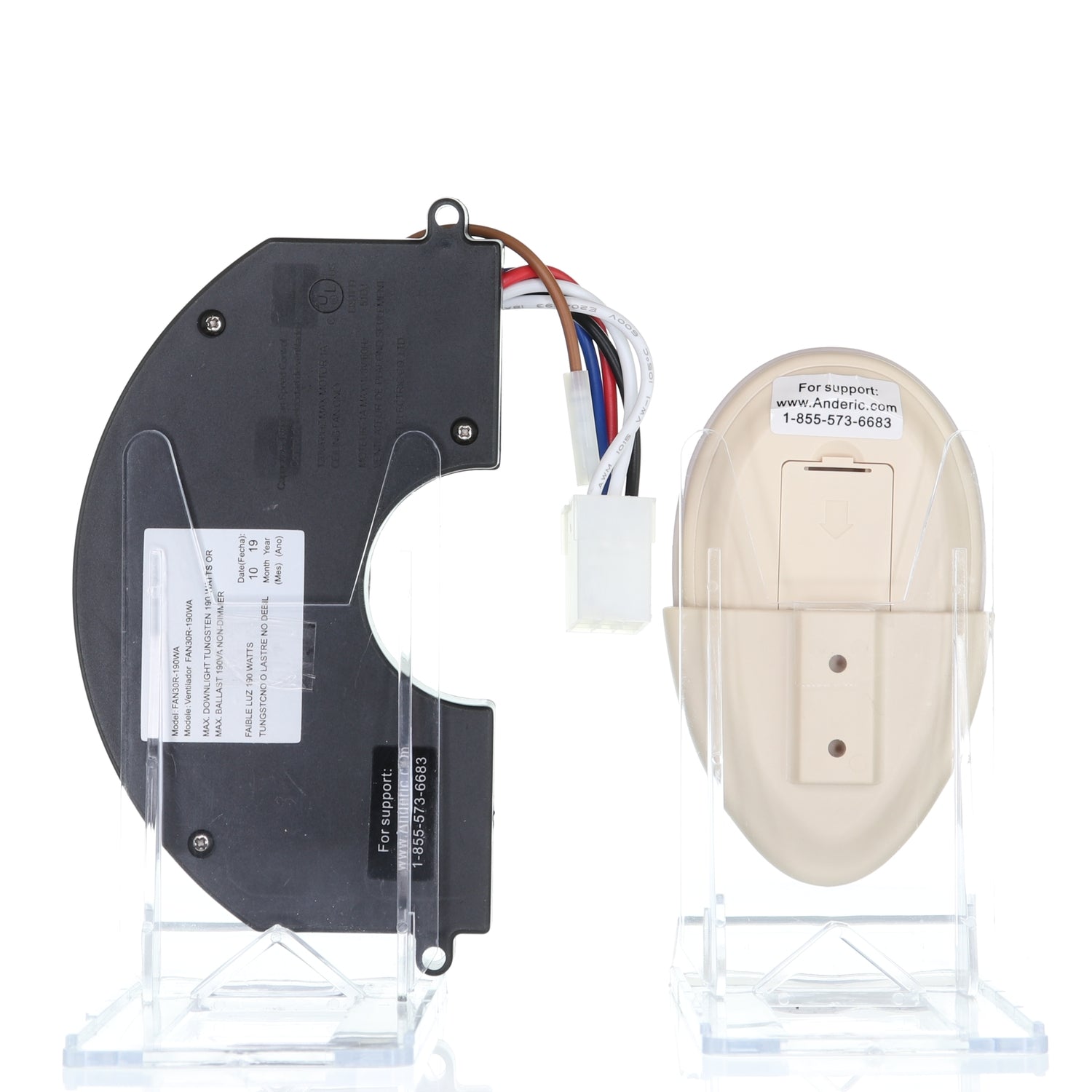 Two electronic components are displayed: a black circular module with wires and a connected beige oval device, ideal for Harbor Breeze ceiling fans. The Anderic FAN35T/FAN30R Ceiling Fan Remote Control Kit includes labels with support contact information for setup and replacement assistance.