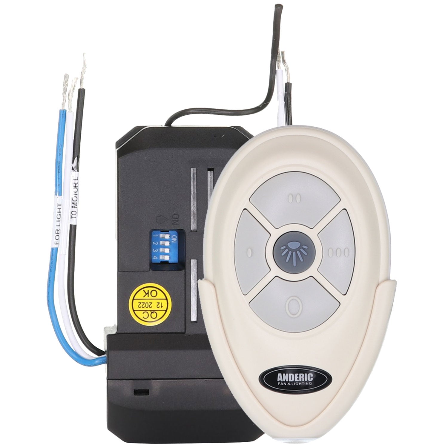 The Anderic FAN35T Universal 3-Speed Ceiling Fan Remote Control Kit includes a wireless receiver with exposed wires and labeled buttons, shown against a white background.