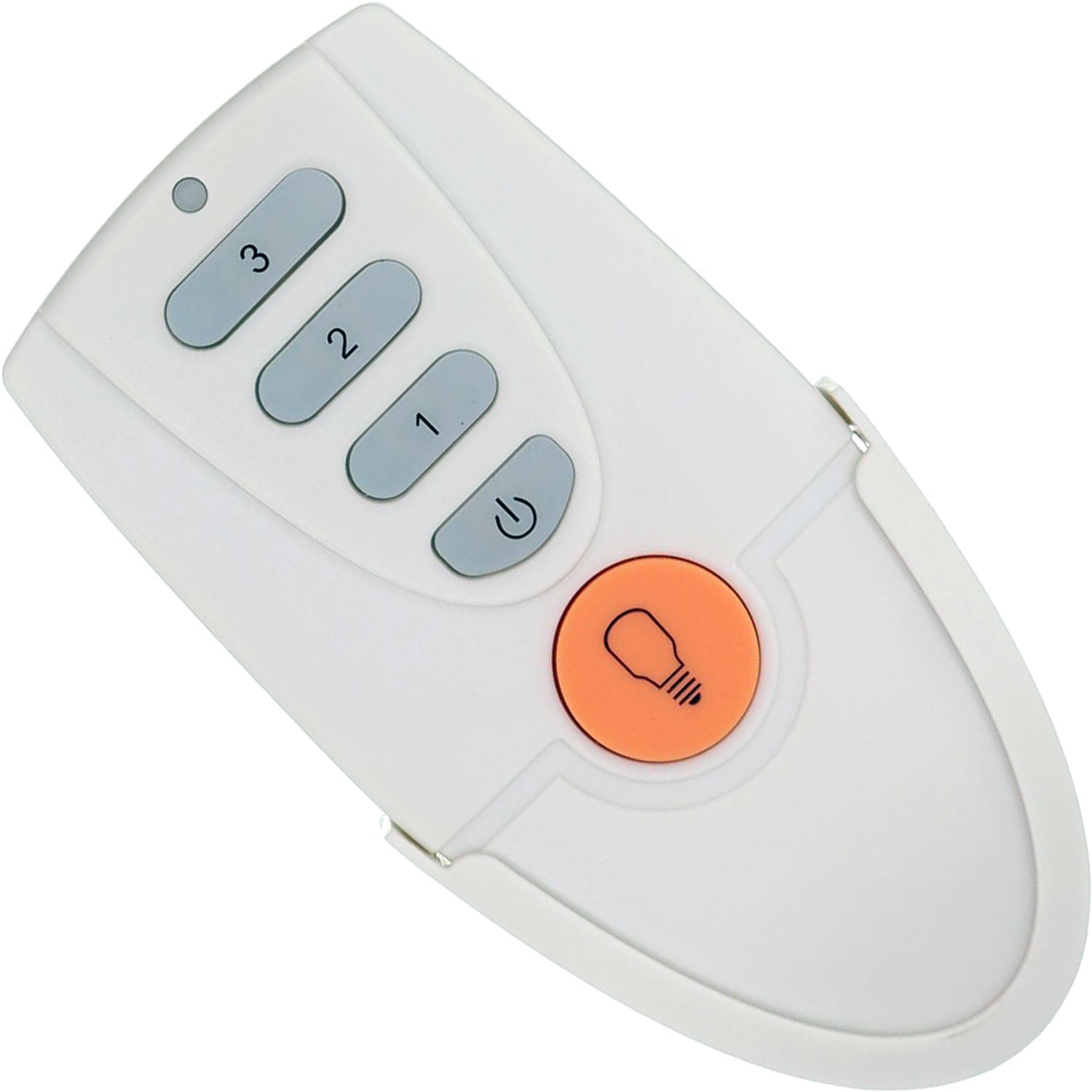The Anderic FAN51T white remote control for Hampton Bay ceiling fans has four gray buttons numbered 1 to 3 and a power symbol, plus an orange button with a light bulb icon, ensuring intuitive fan management with Harbor Breeze compatibility.