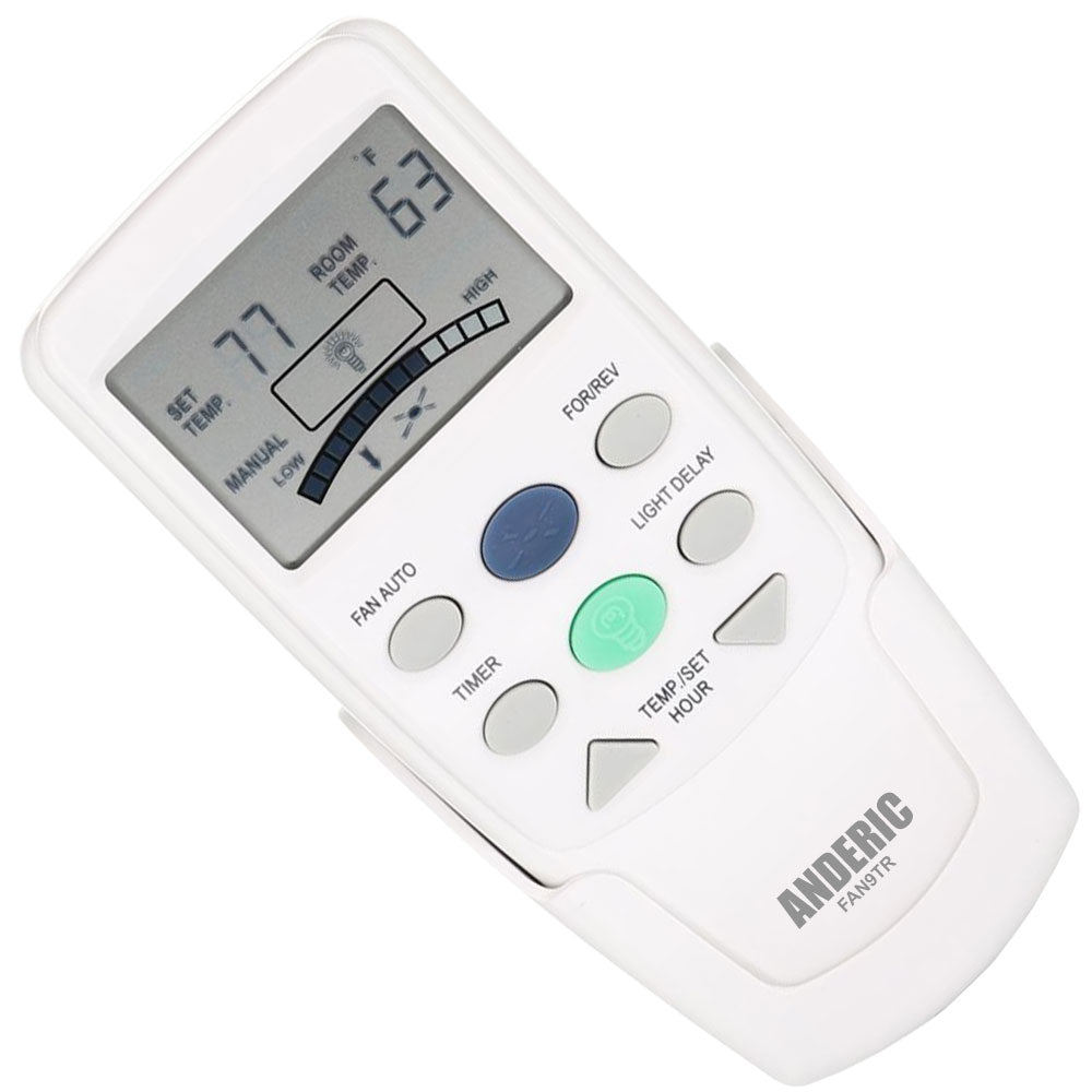 A white Anderic FAN9T/REV remote for Hampton Bay ceiling fans shows a set temp of 77°F and room temp of 63°F, with visible controls for fan speed, reverse operation, and more.