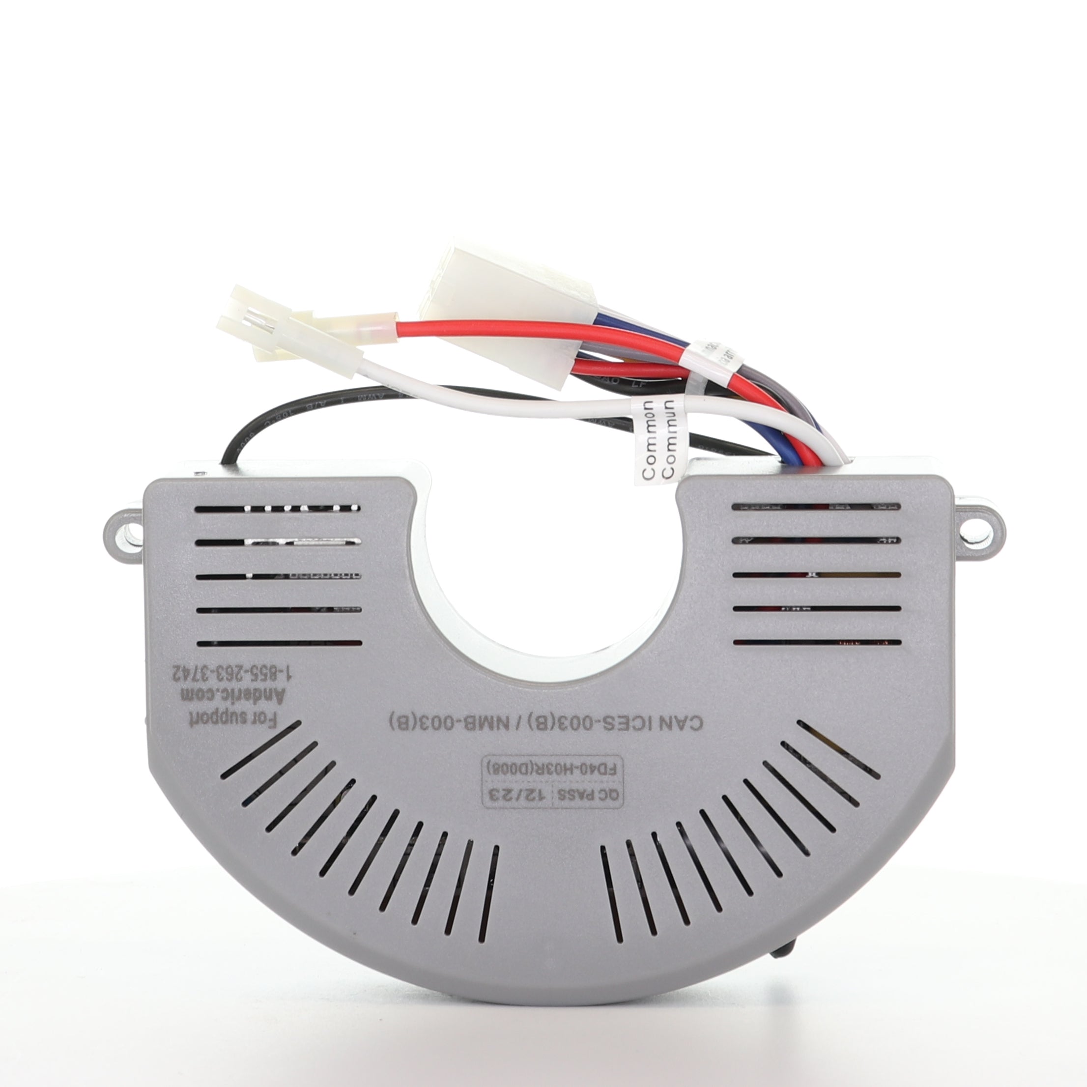 The Anderic FD40-H03R Replacement Ceiling Fan Receiver with Up and Down Light for Harbor Breeze Wakefield is a gray, semi-circular electronic device featuring vents and colored wires, shown on a white background.