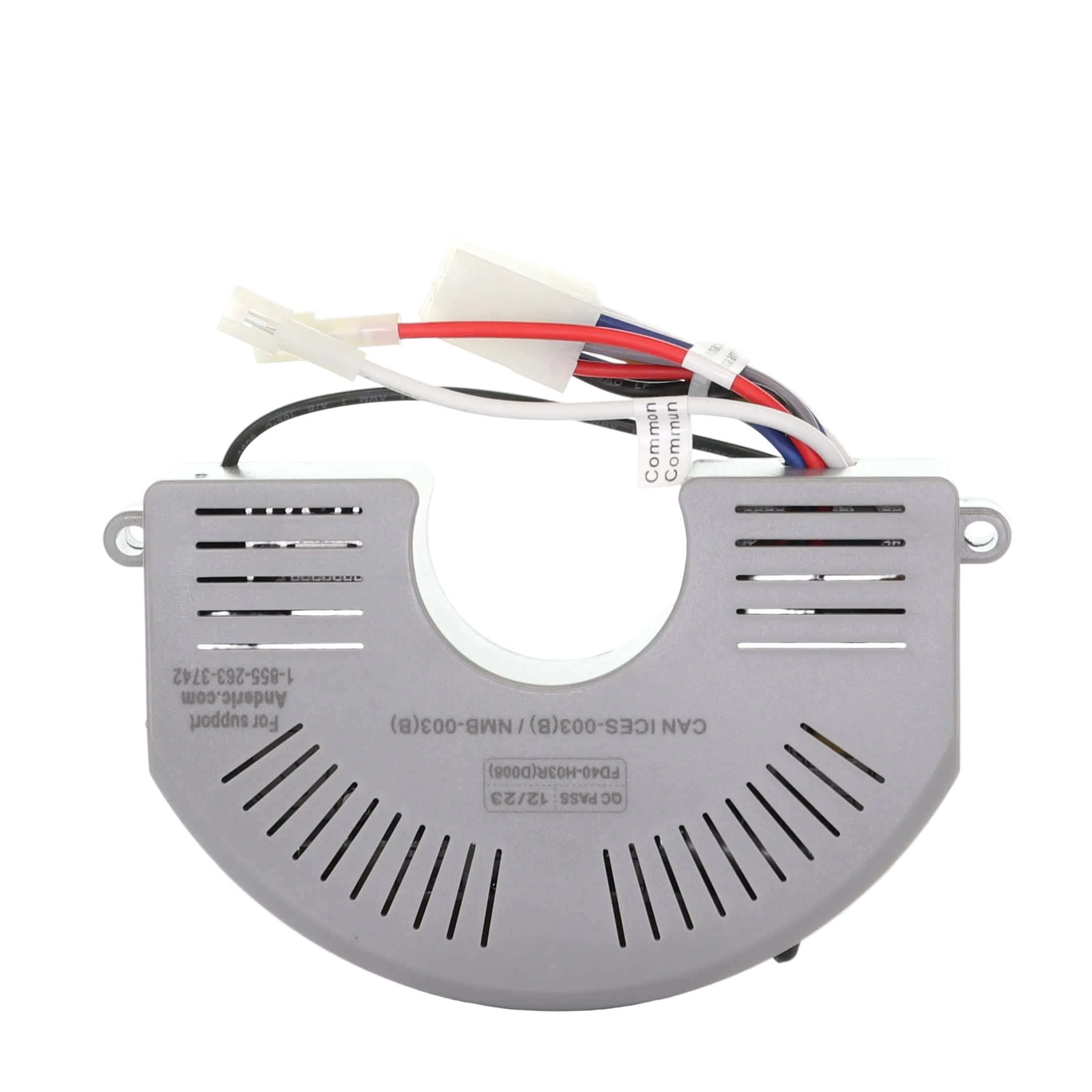 The Anderic FD40-H03R Replacement Ceiling Fan Receiver with Up and Down Light for Harbor Breeze Wakefield is a gray, semi-circular electronic device featuring vents and colored wires, shown on a white background.