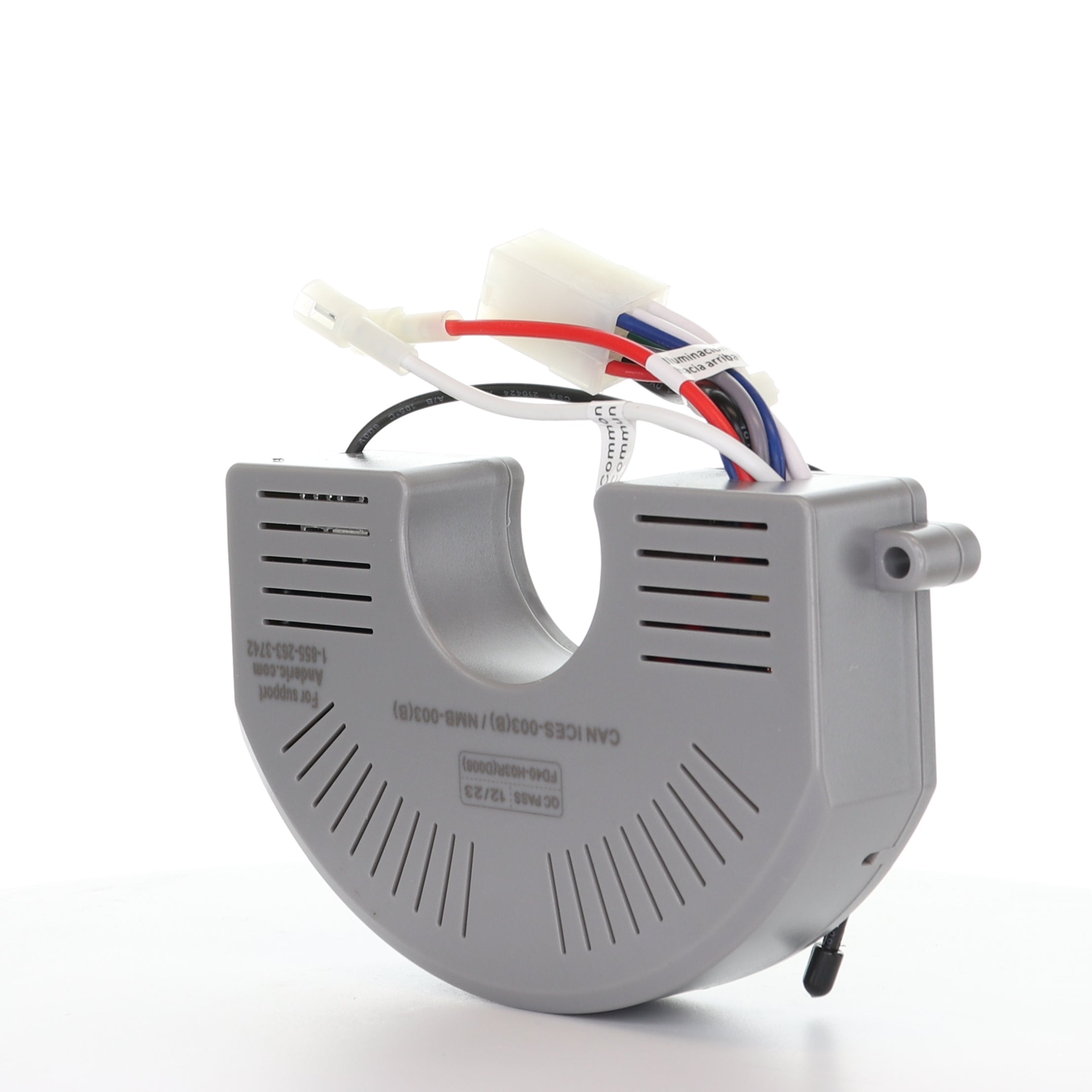 Gray electronic component with vents, colored wires, and connectors. The Anderic FD40-H03R Replacement Ceiling Fan Receiver with Up & Down Light fits Harbor Breeze Wakefield fans. Model FD40H03R shown against a white background.