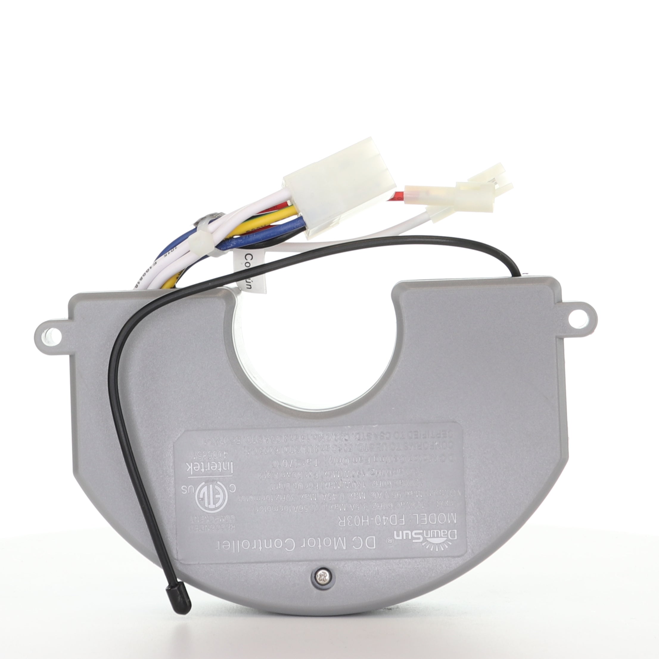 The Anderic FD40-H03R Replacement Ceiling Fan Receiver with Up and Down Light for Harbor Breeze Wakefield features gray plastic housing, multiple colored wires, white connectors, and a black wire looped over the device. Model: FD40H03R.