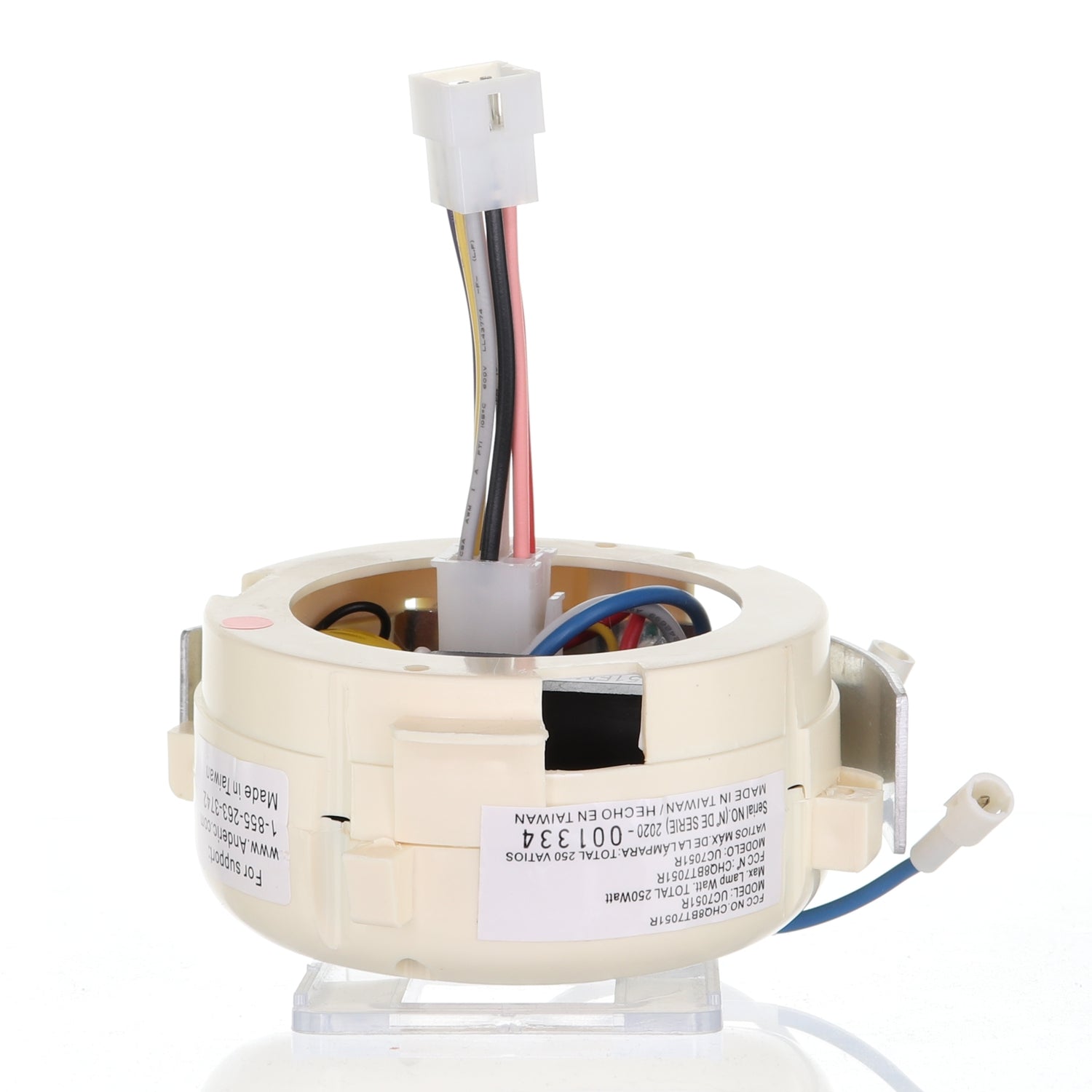 The Anderic Molex to Amp Adapter Ceiling Fan Cable (MOLEX-AMP-ADAPTER) is displayed on a clear stand. It features a white connector at the top and multicolored wires radiating from the center, resembling a 9-pin Molex plug for enhanced connectivity.