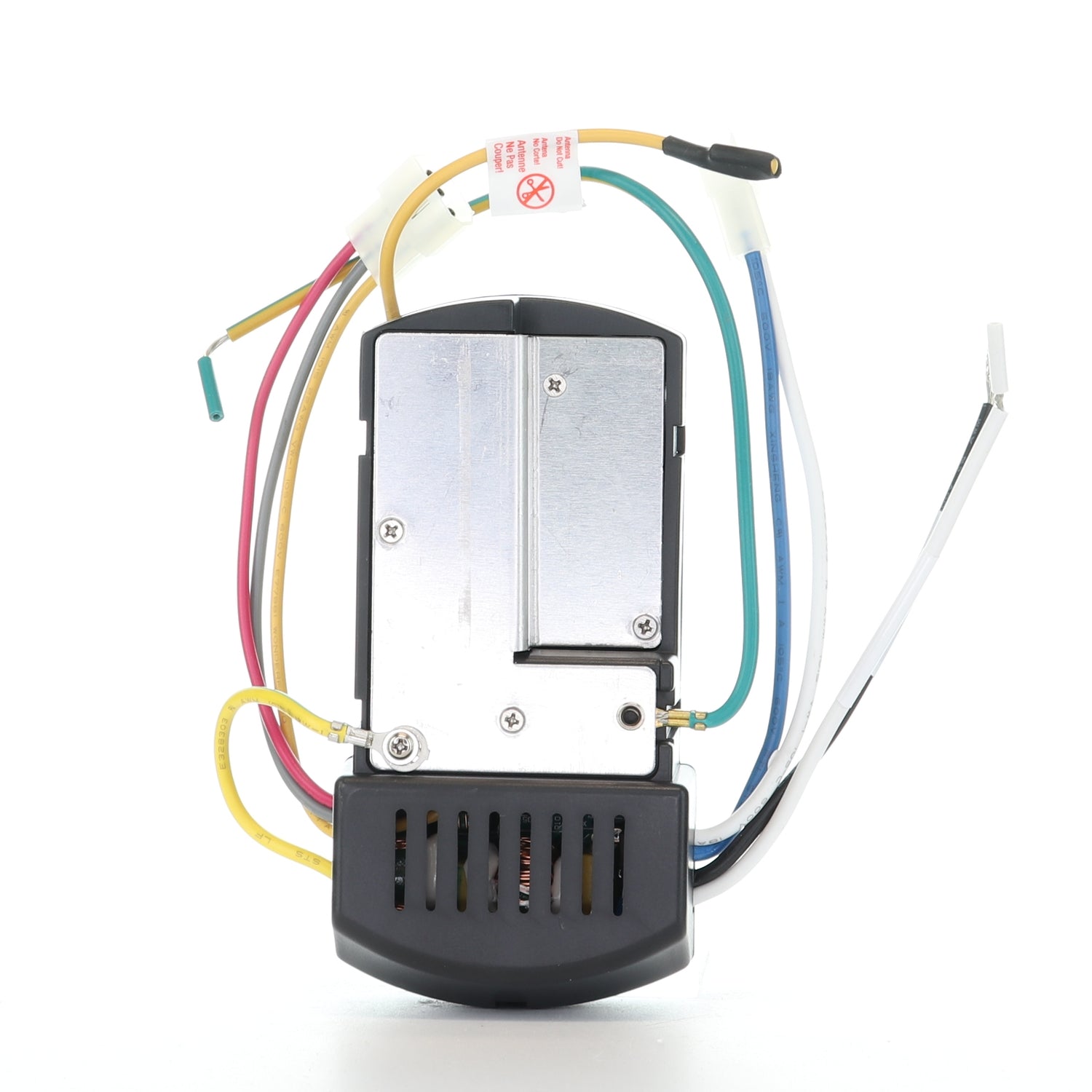 Electrical component with attached colored wires and black-silver housing, likely the Anderic MR205A-TR Replacement Ceiling Fan Receiver for Home Decorators Collection Celene YG908A, photographed on a white background.