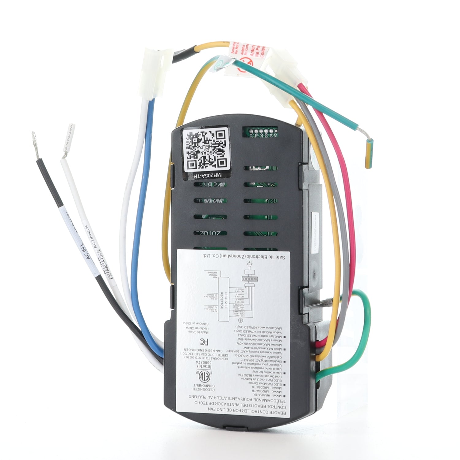 A close-up of an Anderic MR205A-TR Replacement Ceiling Fan Receiver for Home Decorators Collection Celene YG908A, showing colored wires, a QR code, and wiring diagram label—perfect for compatible remote control setups.