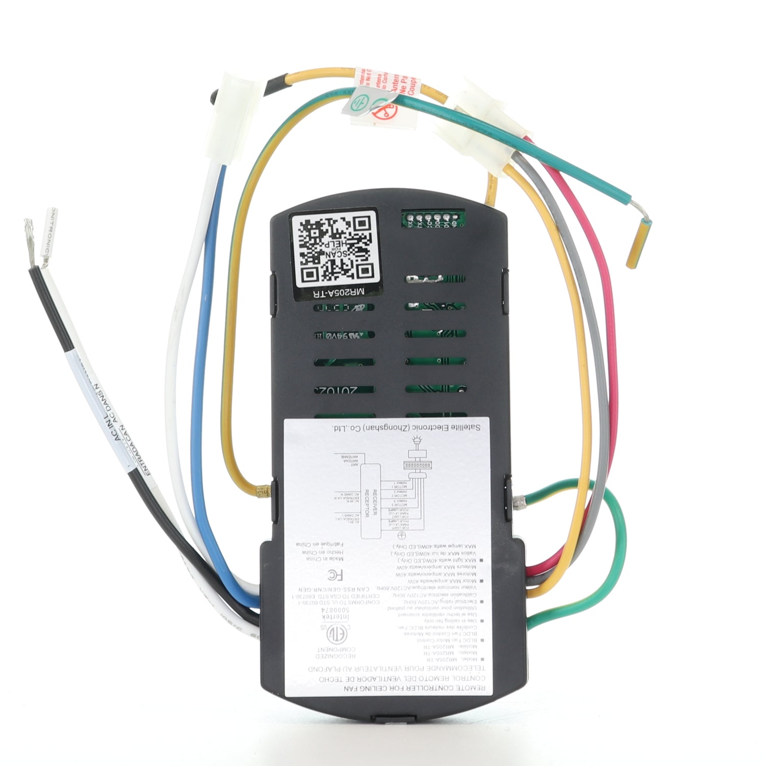 A black Anderic MR205A-TR Replacement Ceiling Fan Receiver for Home Decorators Collection Celene YG908A, featuring multi-colored wires and a QR code label, shown on a white background. Ideal for ceiling fan remote control systems.