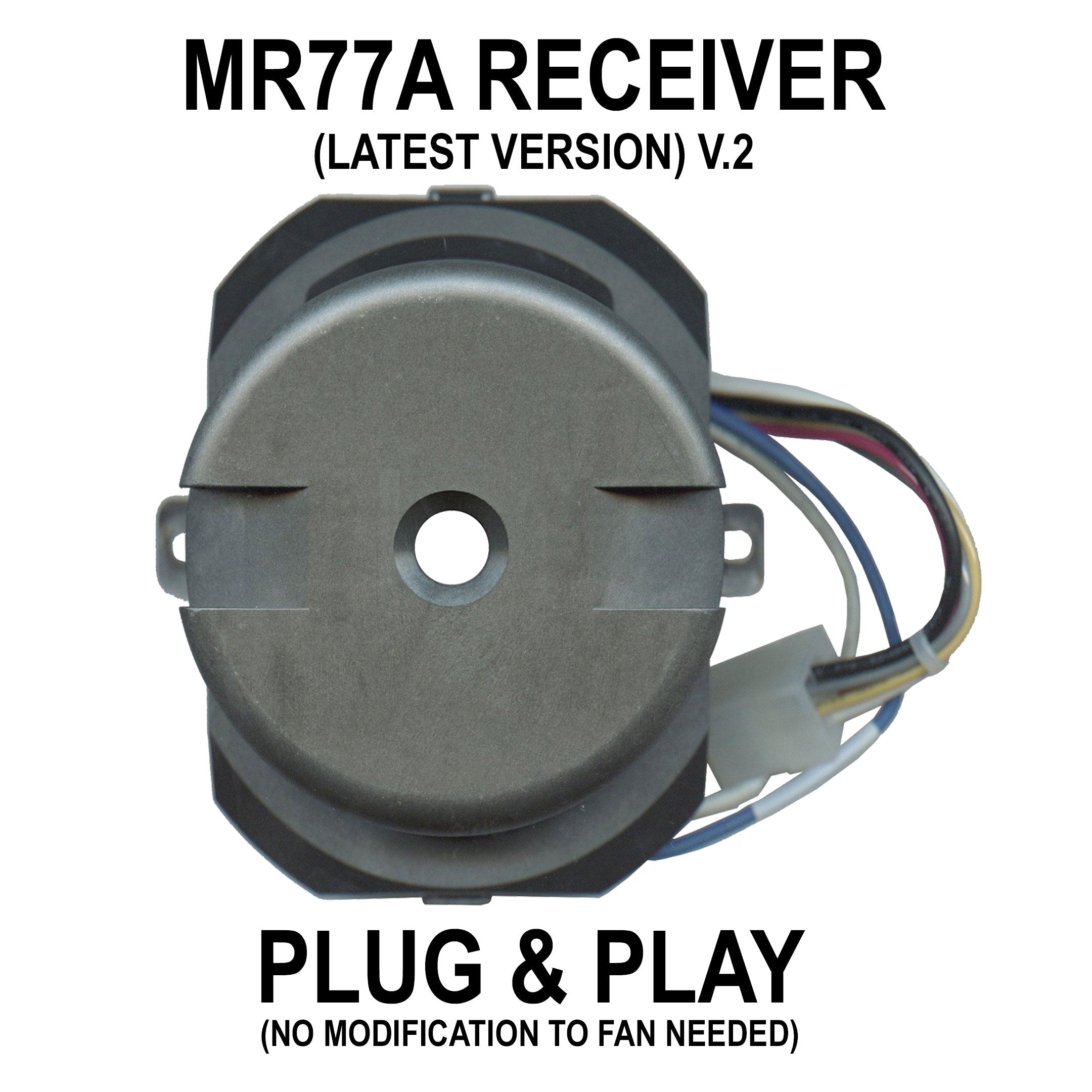 The Anderic MR77A.2 Remote Control Kit for Home Decorators Collection Altura Ceiling Fans, shown in a close-up, includes colored wires and connectors, labeled as plug and play with no modification required—ideal for replacing the receiver.