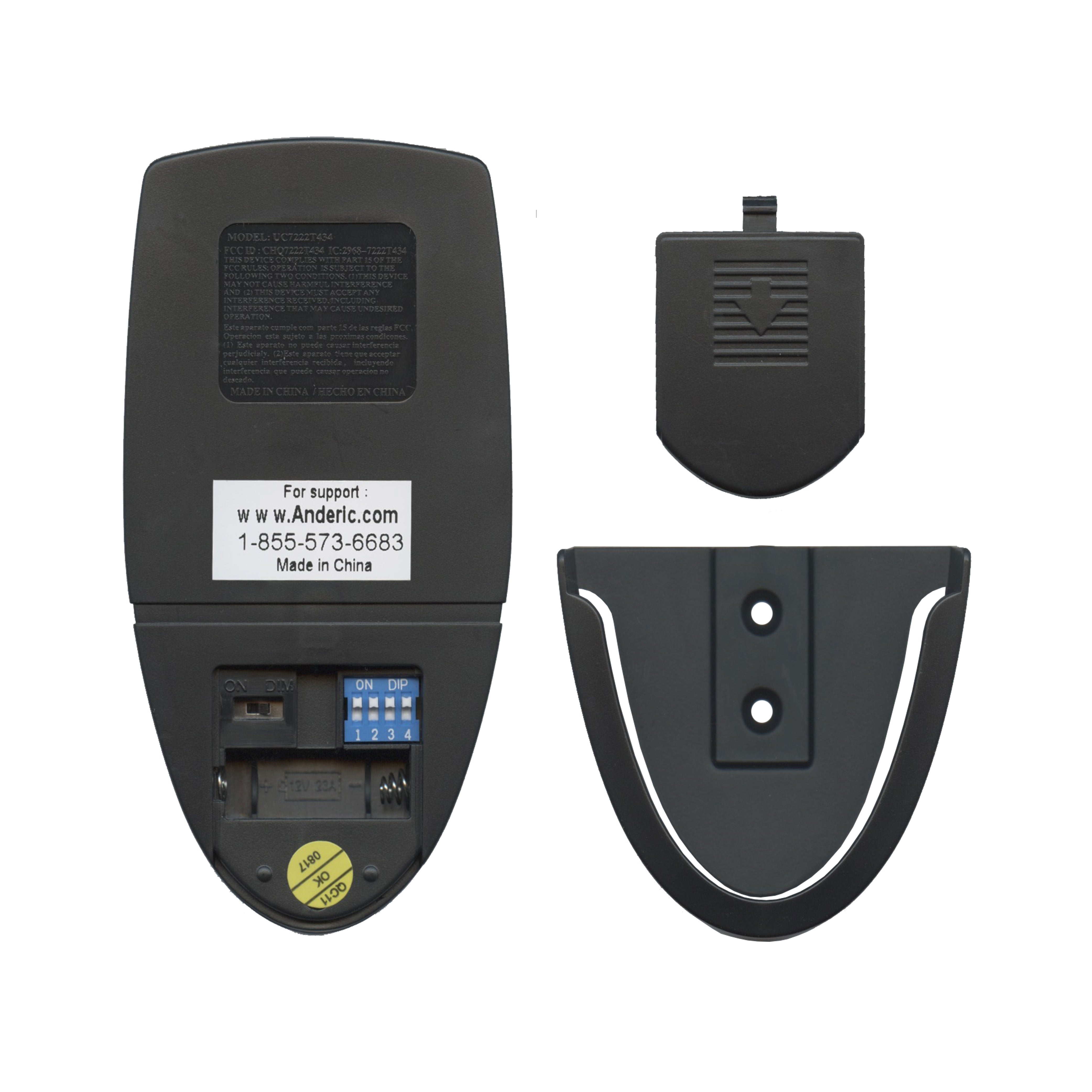The image shows a disassembled black electronic lock with the main keypad unit, detachable back cover, and wall-mount bracket—similar in complexity to components from an Anderic MR77A.2 for Home Decorators Collection Altura Ceiling Fan Remote Control Kit.