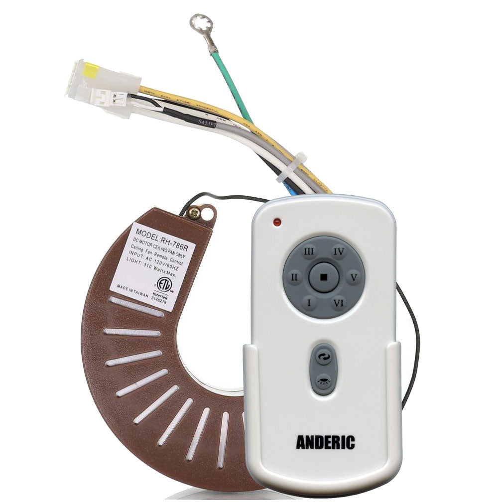 The Anderic RH786R/RR787T DC 6-Speed Remote Control Kit for Casablanca Ceiling Fans includes the RR787T remote, RH786R receiver, and wiring.
