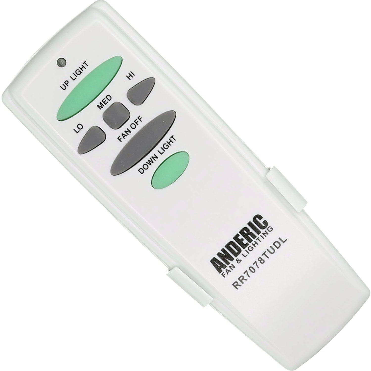 Anderic RR7078TUDL Ceiling Fan Remote Control, compatible with Hampton Bay systems, featuring green and gray buttons for light and fan settings.