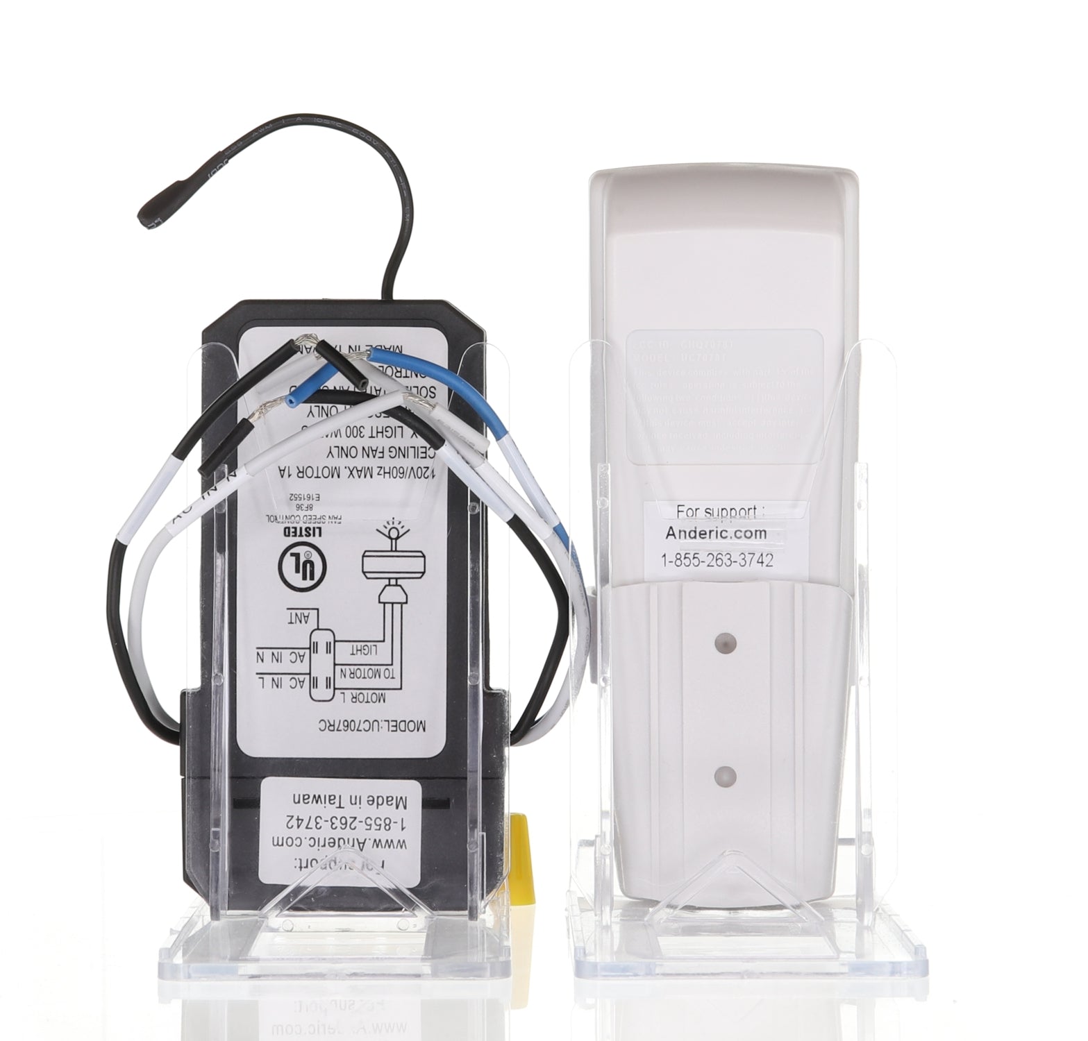 The Anderic RR7079TKIT includes two receivers: one black with exposed wires and a white enclosed unit, both equipped with wiring diagrams and support details. Ideal for integrating fan speed adjustments into your wireless fan kit.