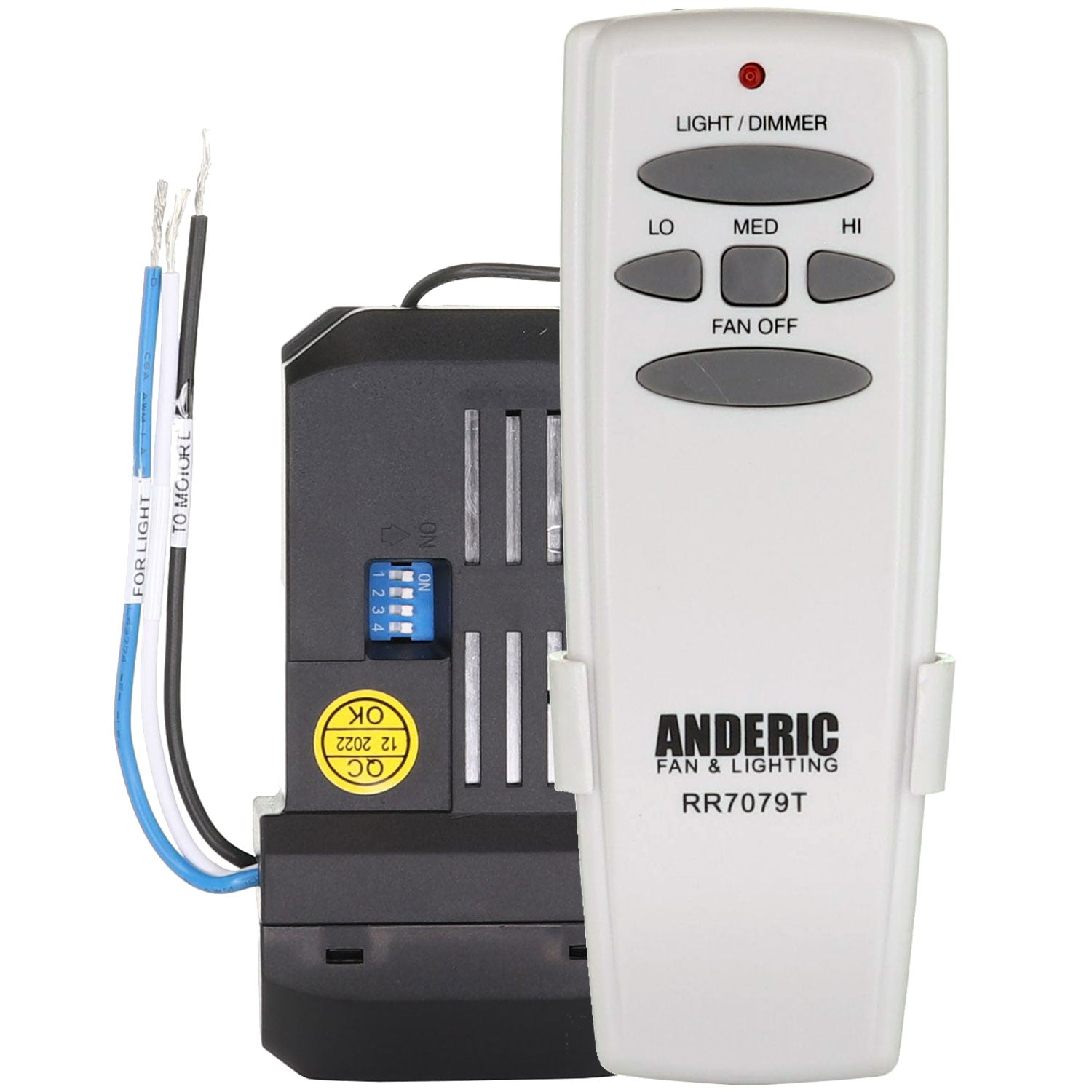 The Anderic RR7079TKIT Dimmable Universal 3 Speed Ceiling Fan Remote Control Kit includes a black receiver with wires and switches for easy setup, enabling light control and precise fan speed adjustments for optimal comfort.