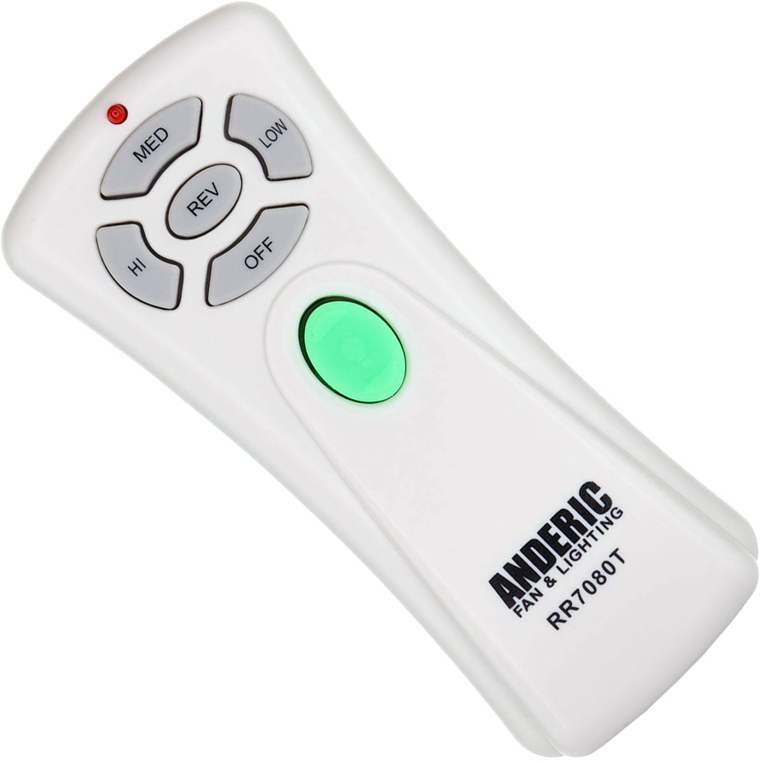 Anderic RR7080T ceiling fan remote control with buttons for medium, low, high speeds, reverse, and off. It features a central green button for light dimming. Compatible with Hampton Bay fans.