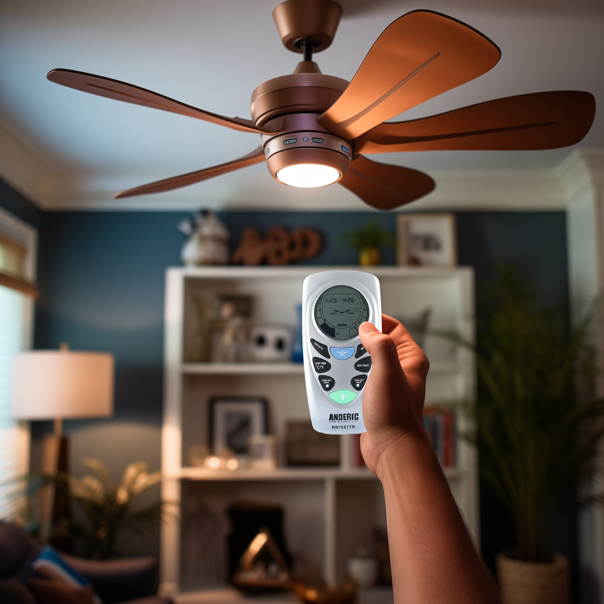 In a modern living room with bookshelves and plants, a hand uses the Anderic UC7087TR with Reverse, a remote control for Hampton Bay ceiling fans, to operate a ceiling fan featuring wooden blades.