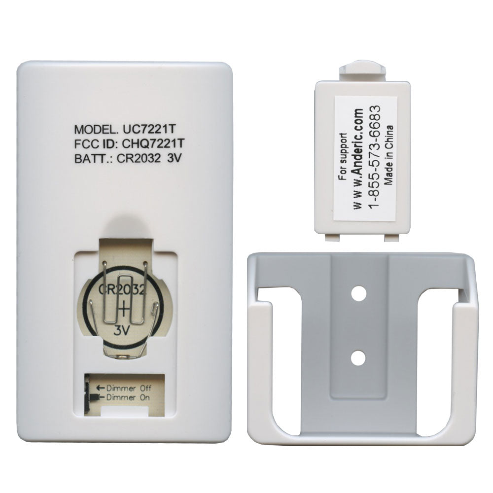 Ceiling fan remote control battery compartment for Anderic UC7221T / KUJCE10601 with CR2032 3V battery. Includes cover plate and wall mount bracket. Ideal as a Harbor Breeze replacement, Model UC7221T, FCC ID CHQ7221T.