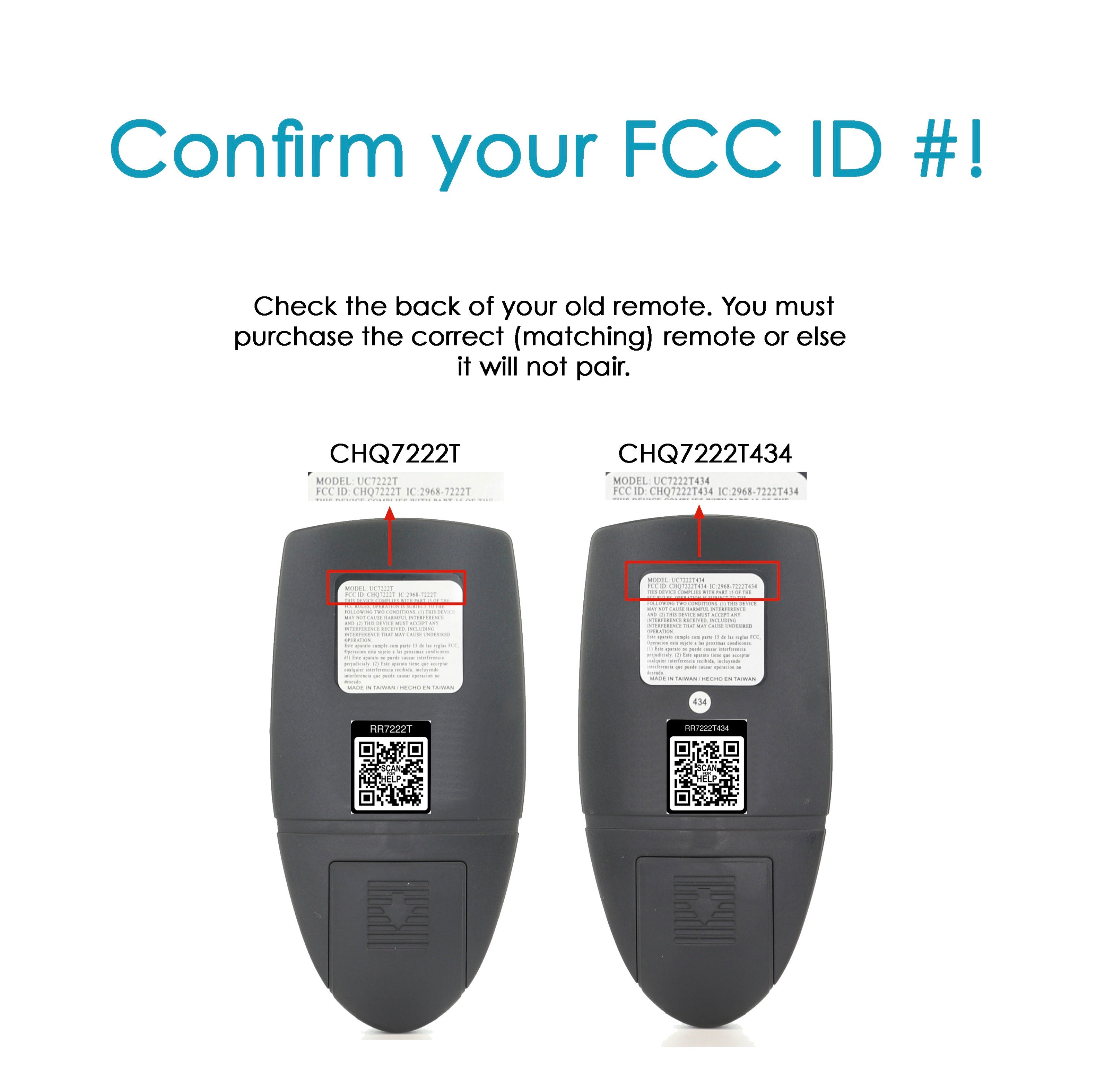 View of the remote controls' rear shows FCC ID numbers CHQ7222T and CHQ7222T434, including the Anderic RR7222T434 for Hampton Bay Ceiling Fan Remote Control. Confirming the FCC ID is essential to ensure you purchase the correct remote.