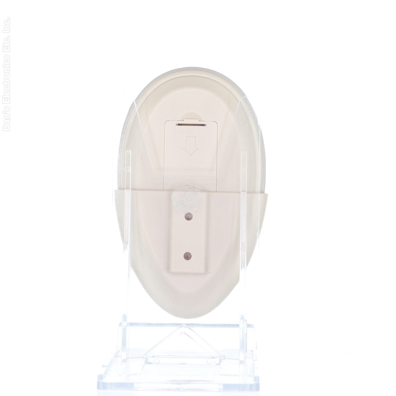 Beige plastic wall-mount bracket with a central arrowed compartment designed to securely hold remotes like the Anderic RRTX007 for A25-TX007 Harbor Breeze Ceiling Fan Remote Control, elegantly displayed on a clear acrylic stand.