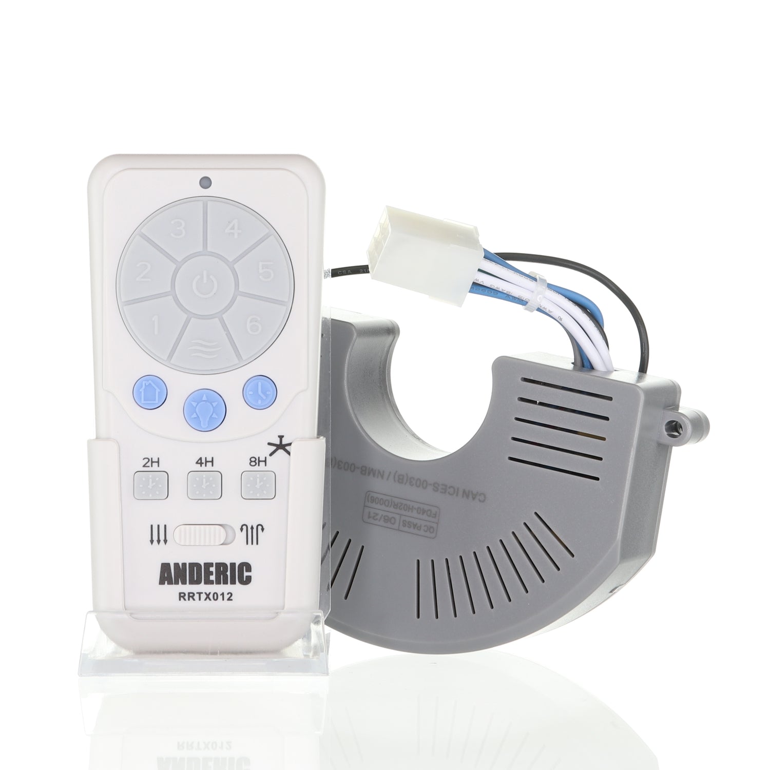 The Anderic RRTX012/FD40-H02R Ceiling Fan Remote Control Kit includes a remote with round and rectangular buttons alongside a ring-shaped electronic component, Harbor Breeze receiver kit, wires, and connector for seamless integration.