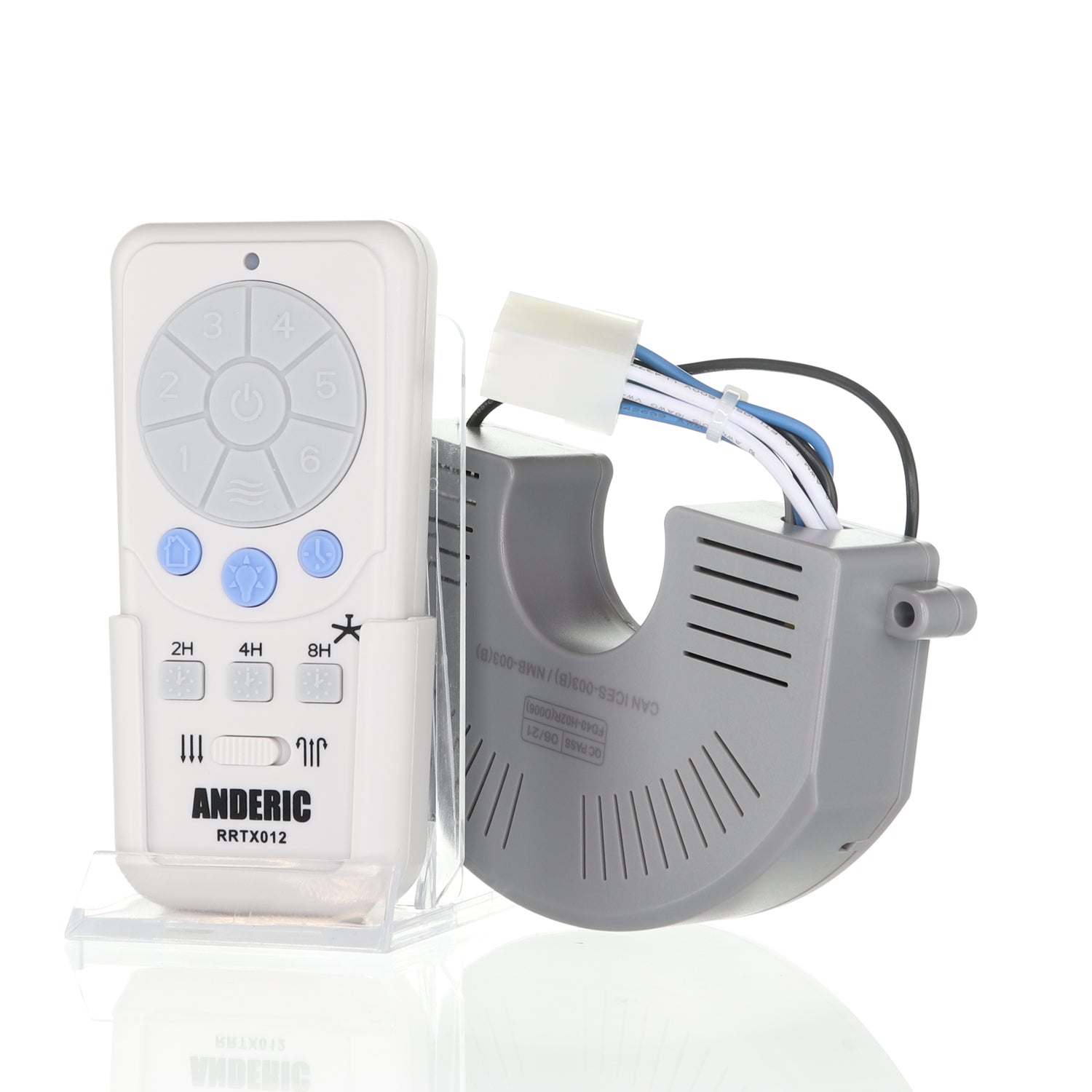 The Anderic RRTX012/FD40-H02R Ceiling Fan Remote Control Kit, featuring a remote with gray sensor and wires, is part of the Harbor Breeze receiver kit, shown against a white backdrop.