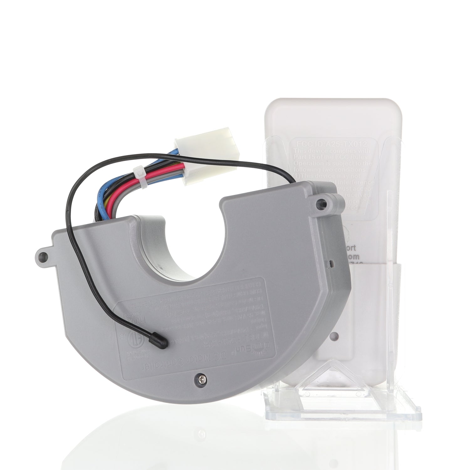 A gray electric scooter charging component, echoing the precision of the Anderic RRTX012/FD40-H02R Ceiling Fan Remote Control Kit, with wires and a connector, is elegantly positioned on a reflective white surface.